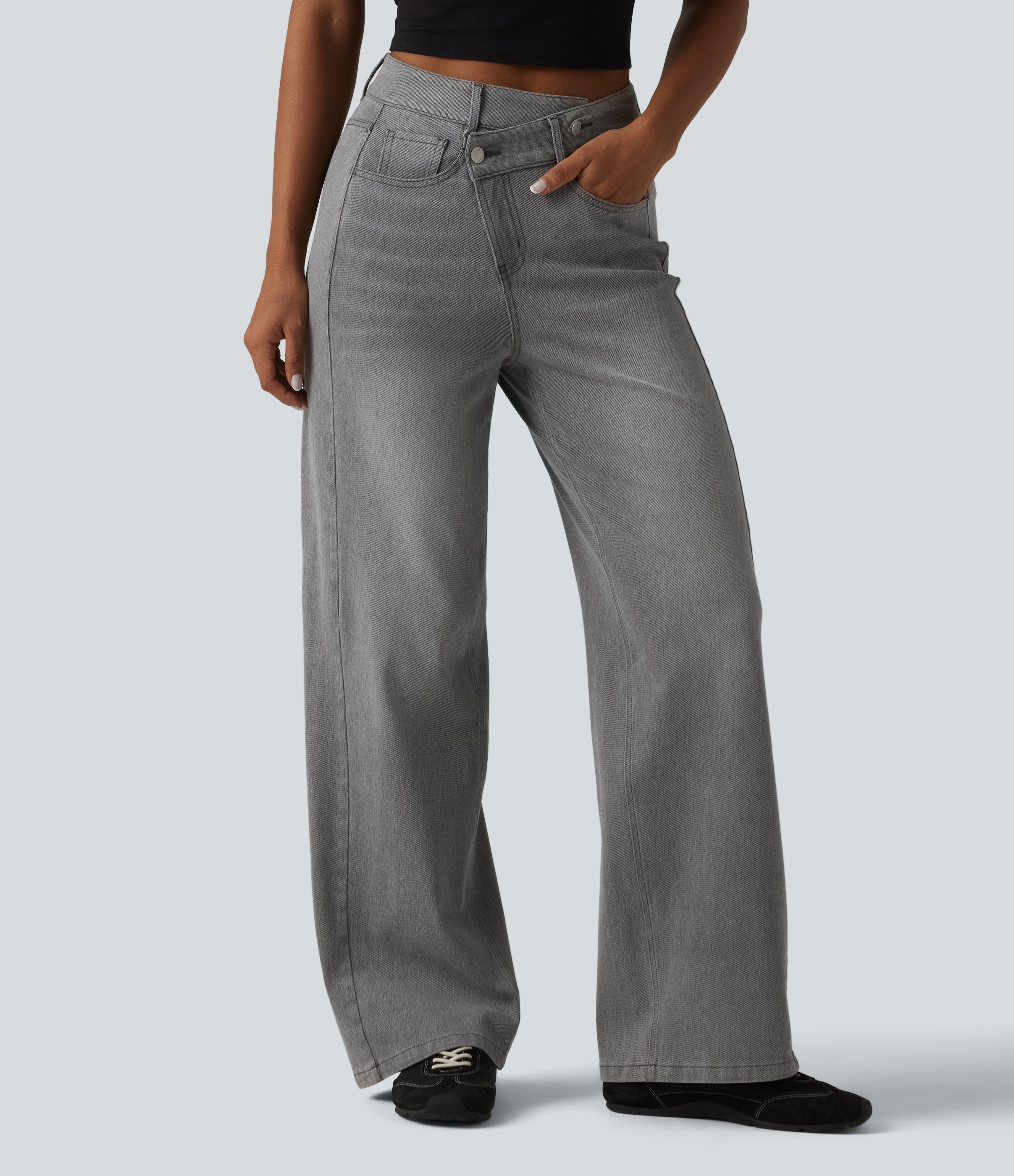 Halara Flex™ Asymmetric High Waisted Washed Casual Baggy Jeans with Pockets — Drizzle Denim by Halara