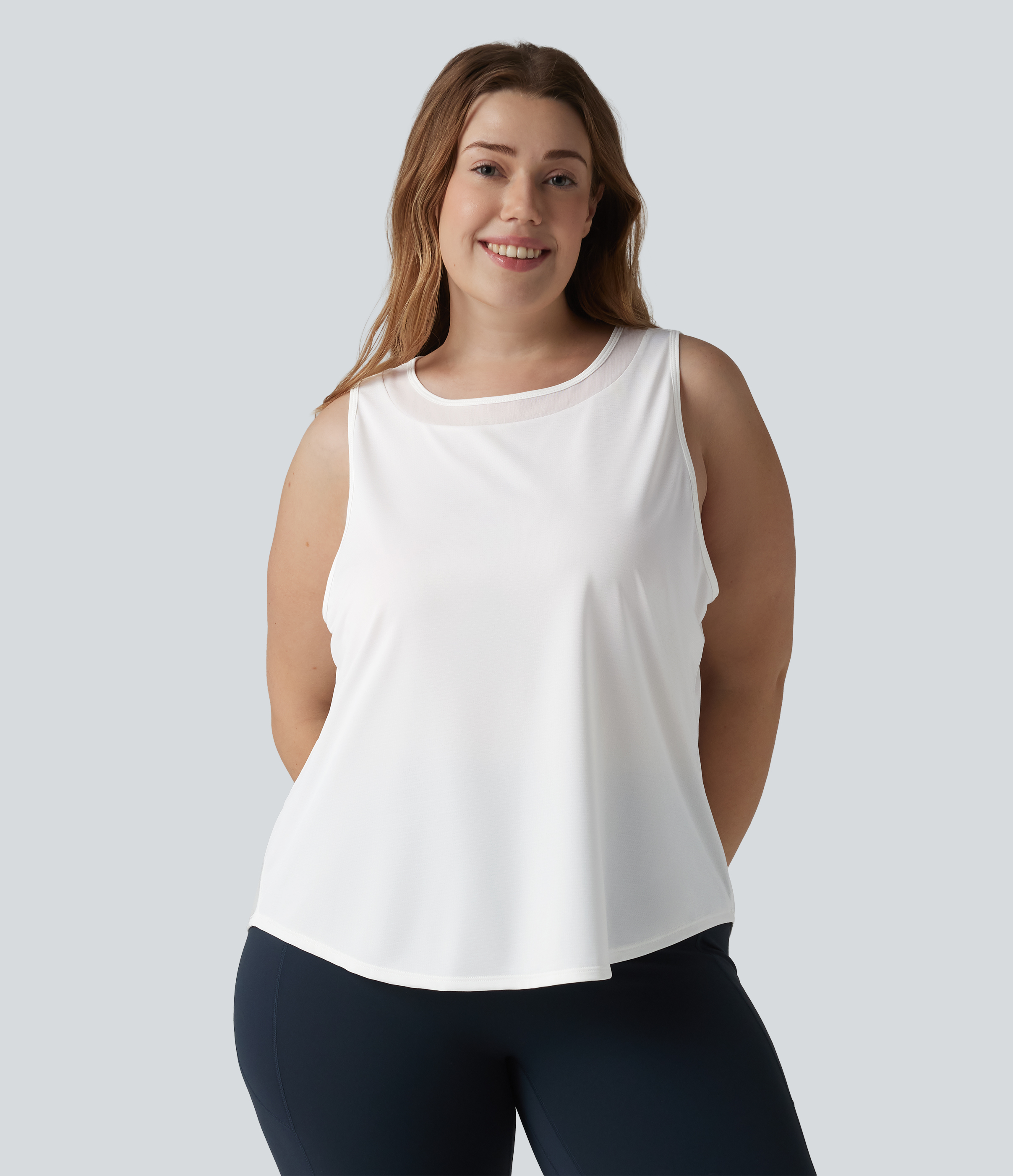 White Plus Size Contrast Mesh Curved Hem Running Tank Top / 2