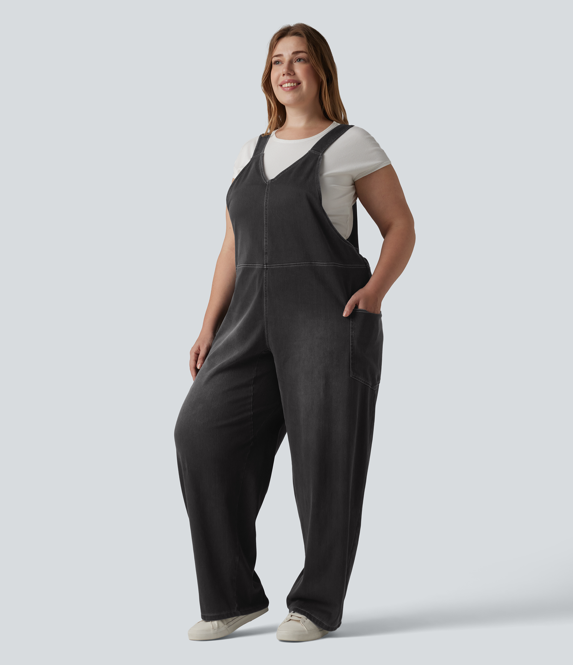 Women's Halara Flex™ V Neck Washed Denim Casual Plus Size Overalls