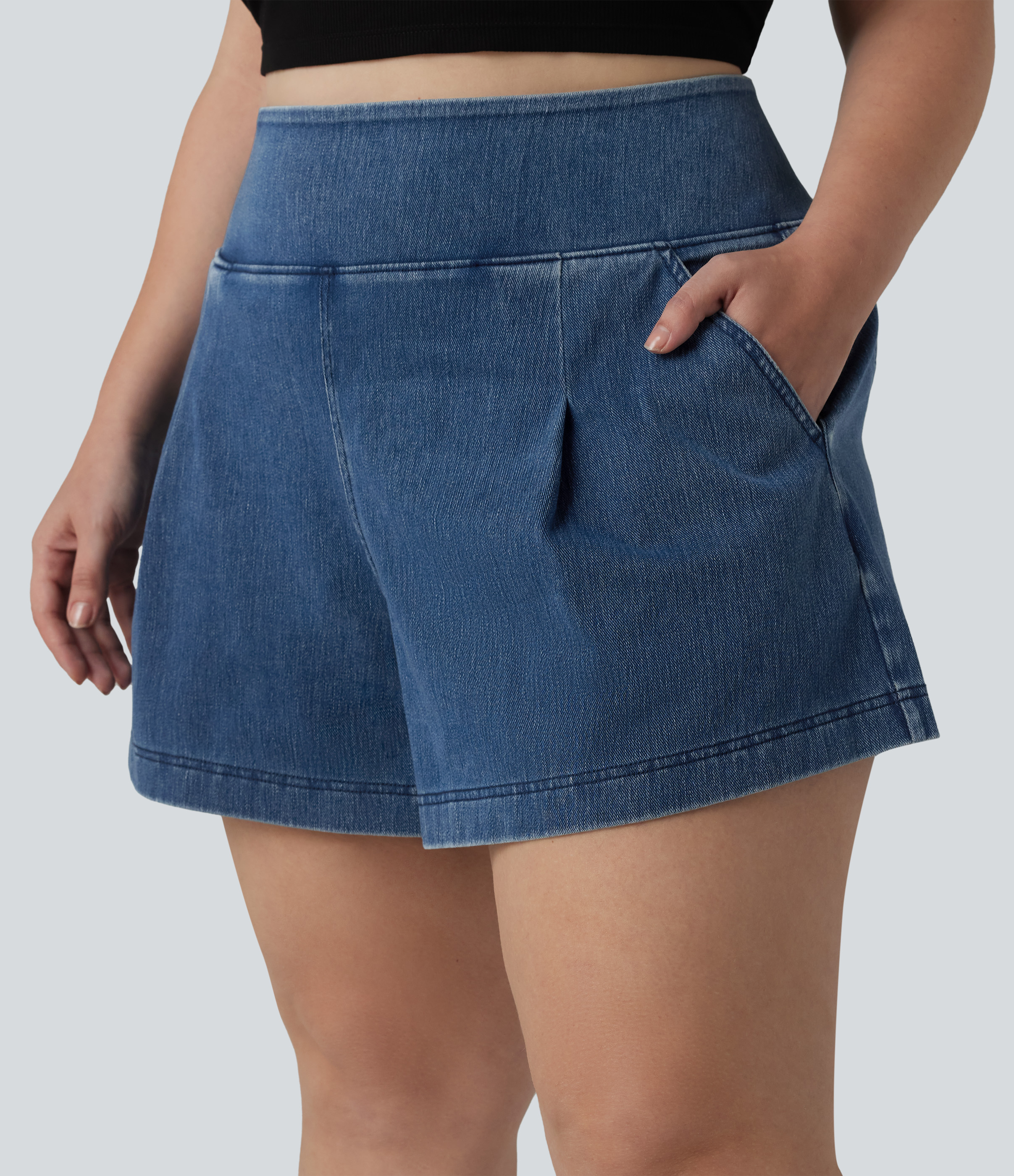 Halara Flex™ High Waisted Denim Casual Baggy Plus Size Shorts 4'' with Pockets