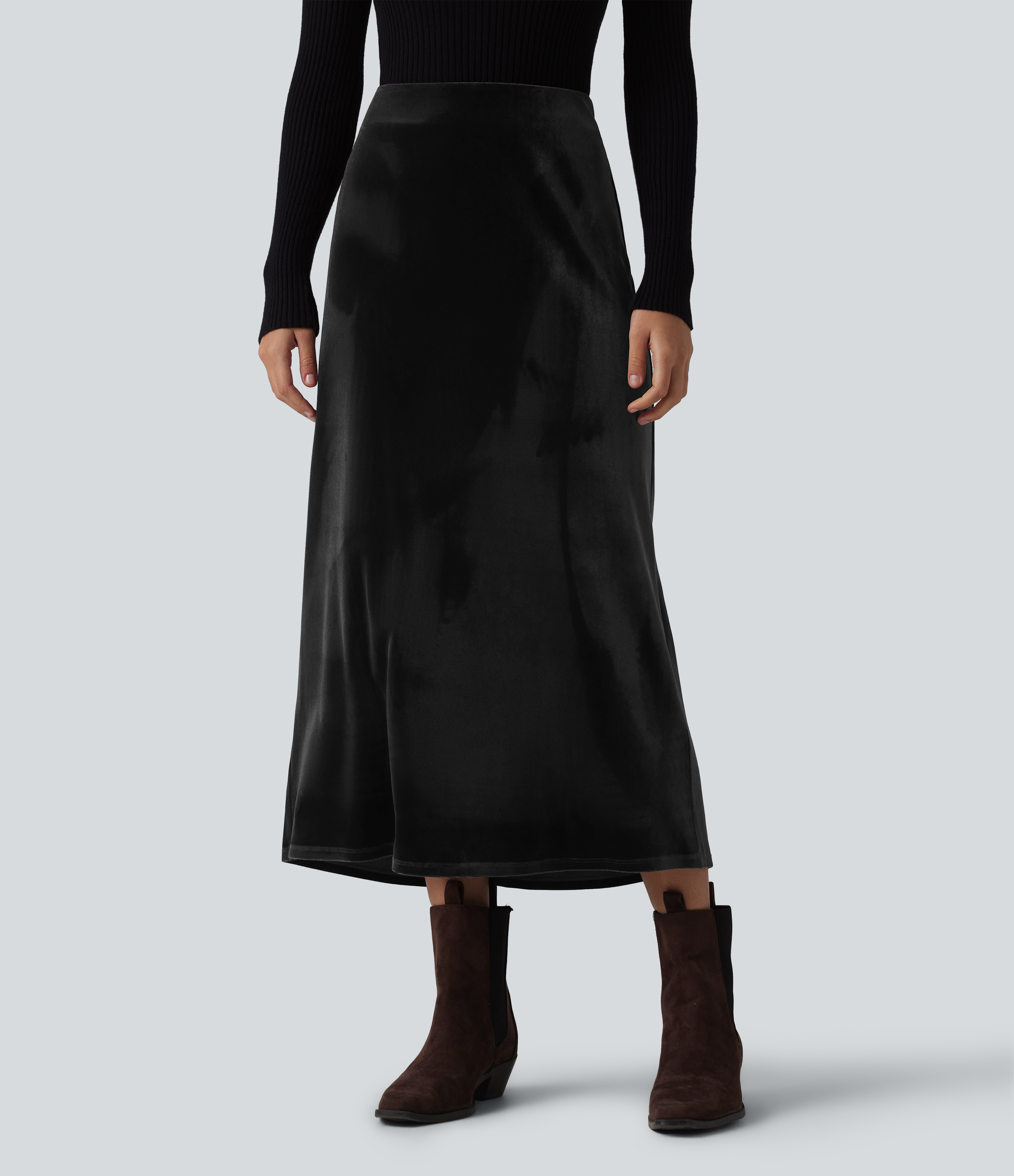 High Waisted Velvet Midi Work Skirt
