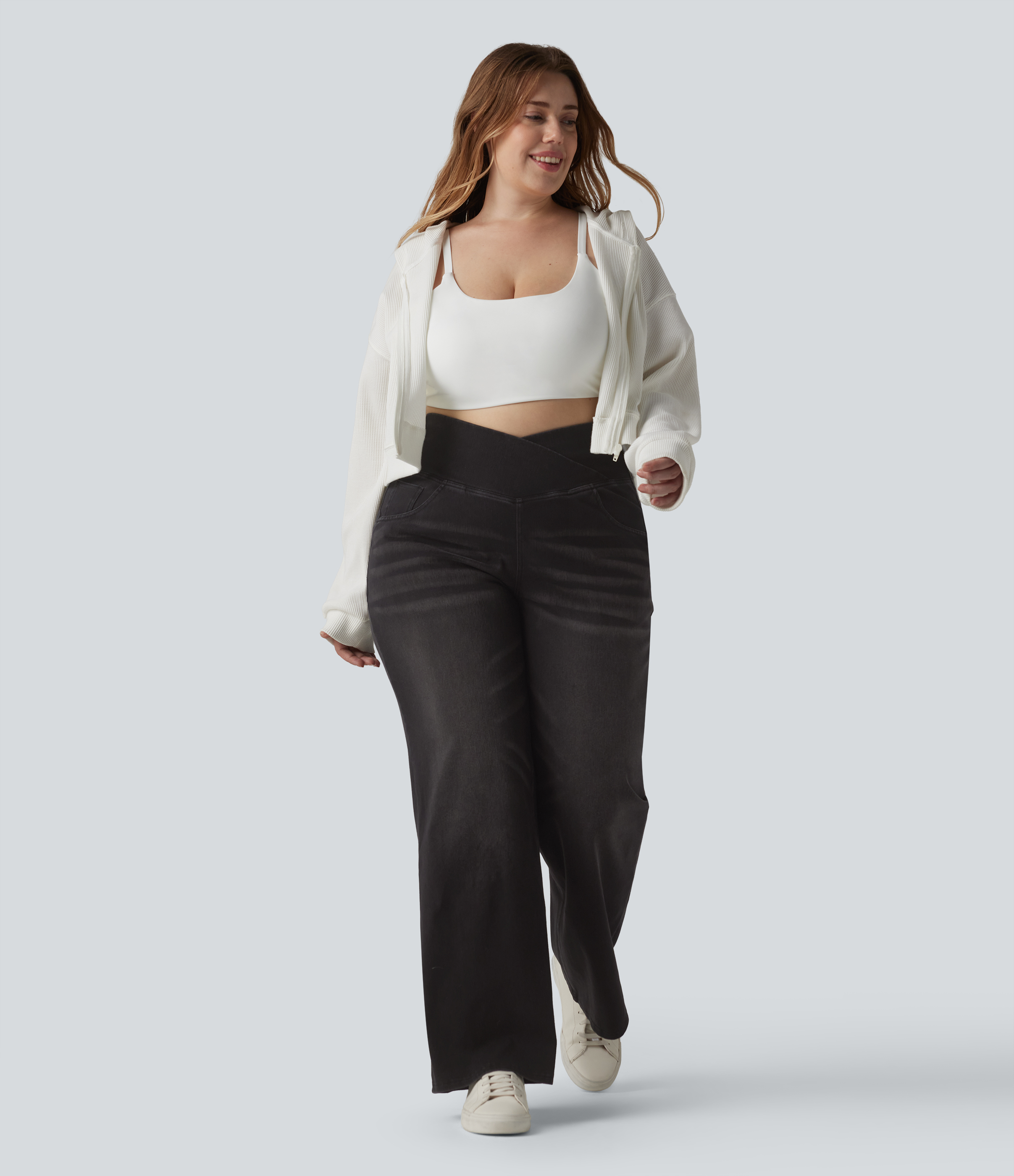 Halara Flex™ Crossover High Waisted Tummy Control Casual Straight Leg Plus Size Jeans with Pockets