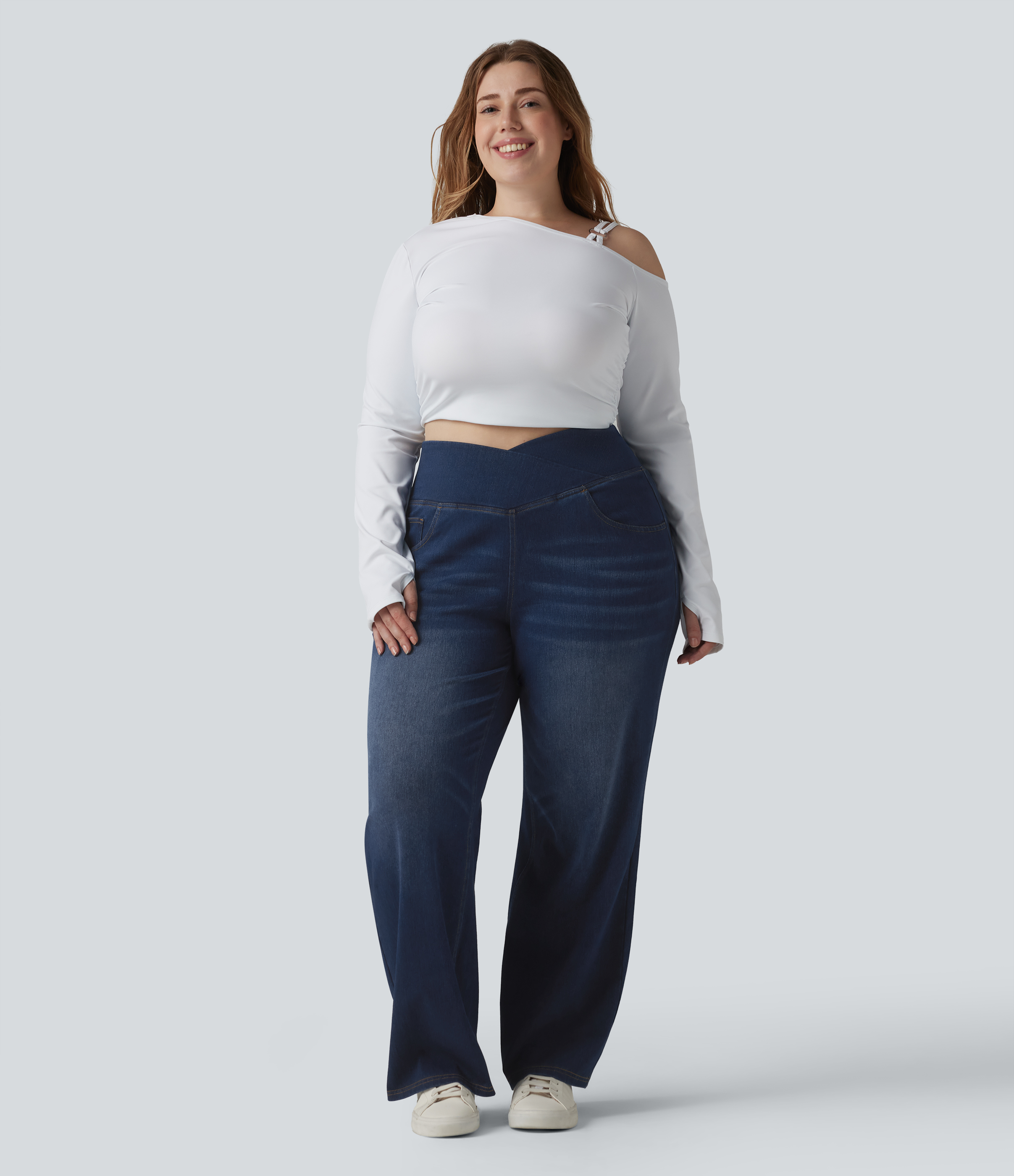 Halara Flex™ Crossover High Waisted Tummy Control Casual Straight Leg Plus Size Jeans with Pockets