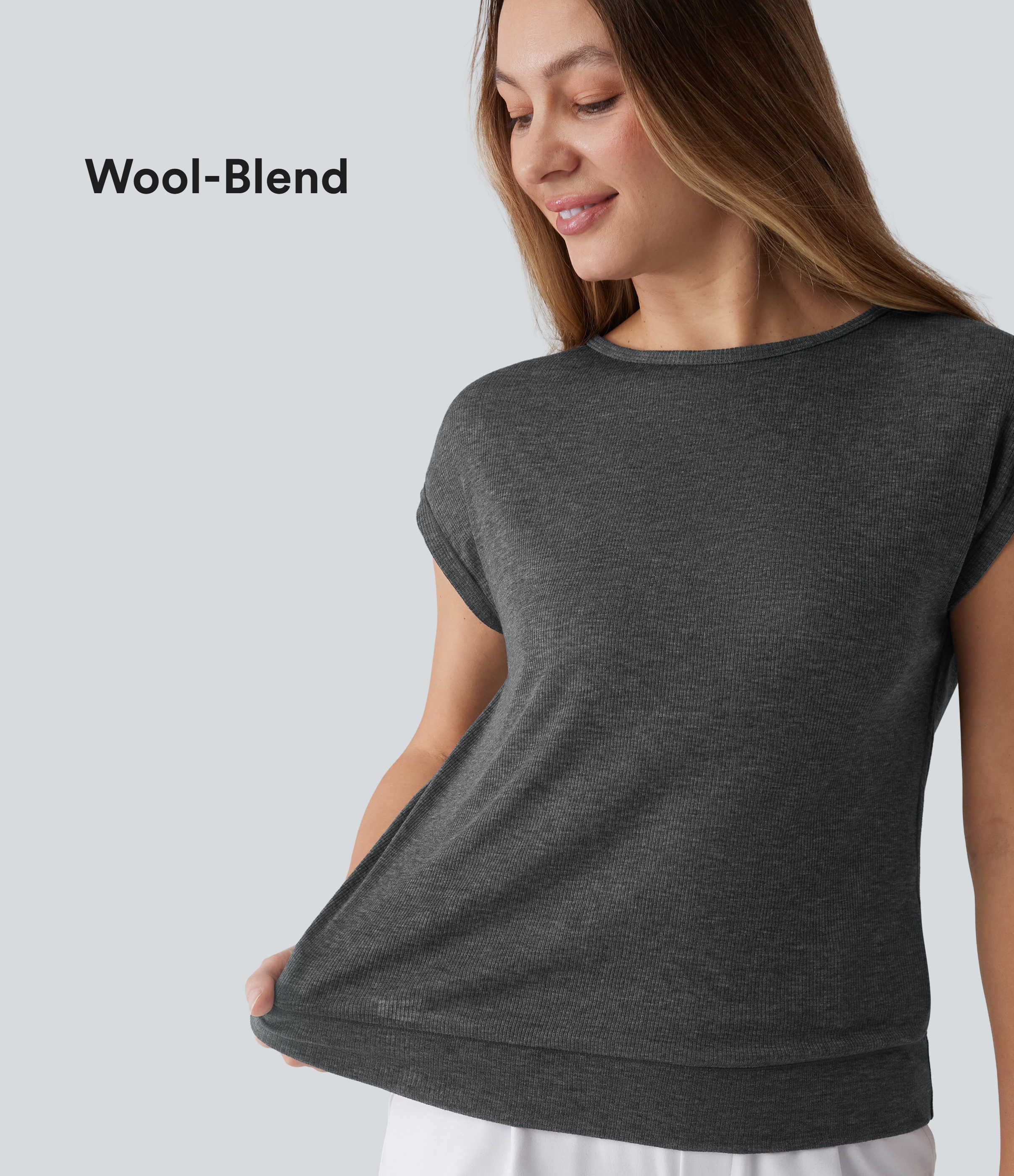 Haut tailleur col rond manches courtes en maille côtelée laine mélangée