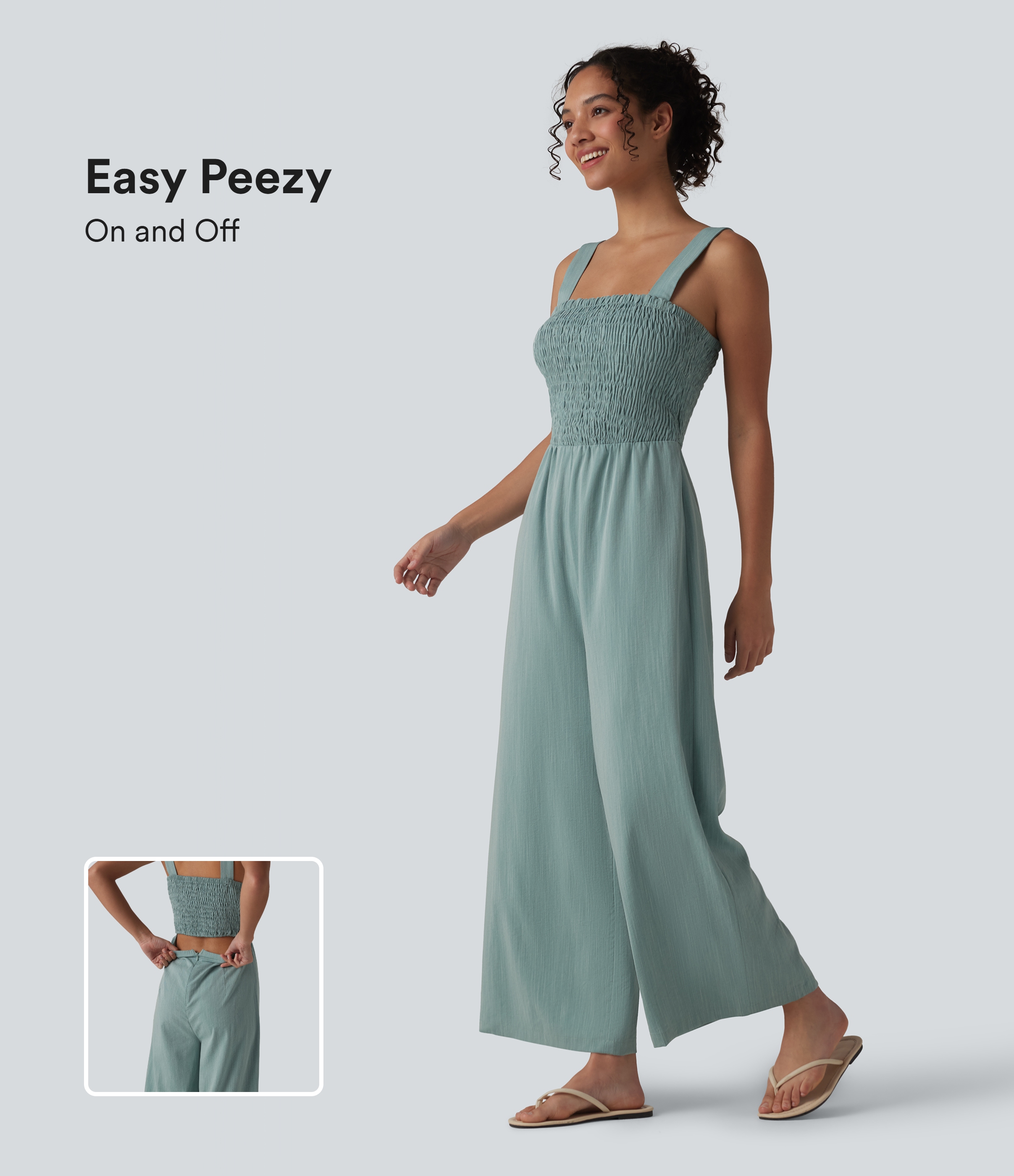 Square Neck Shirred Linen-Feel Jumpsuit-Easy Peezy Edition