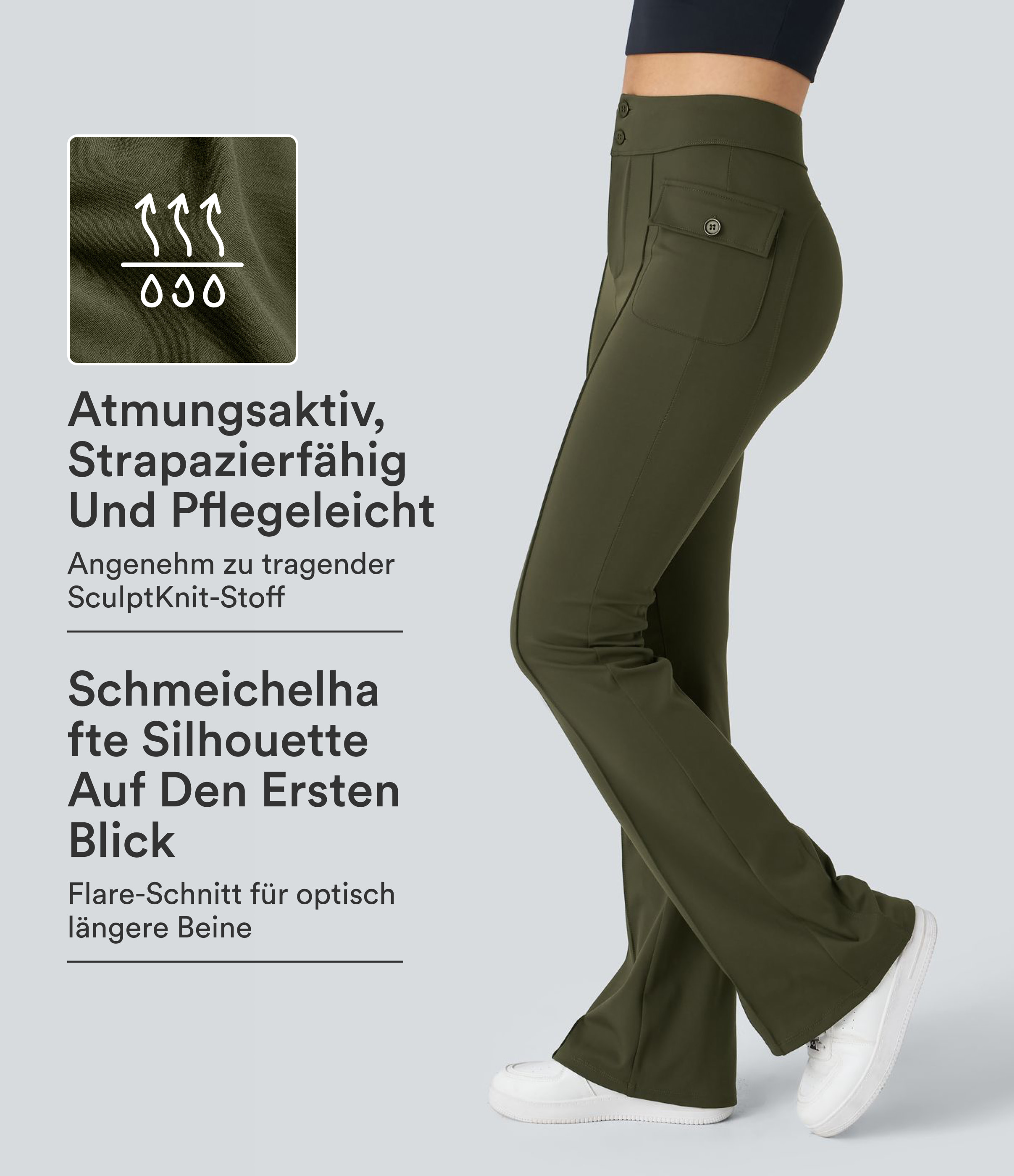 Lässige Cargohose mit hoher Taille, Knöpfe und Pattentasche