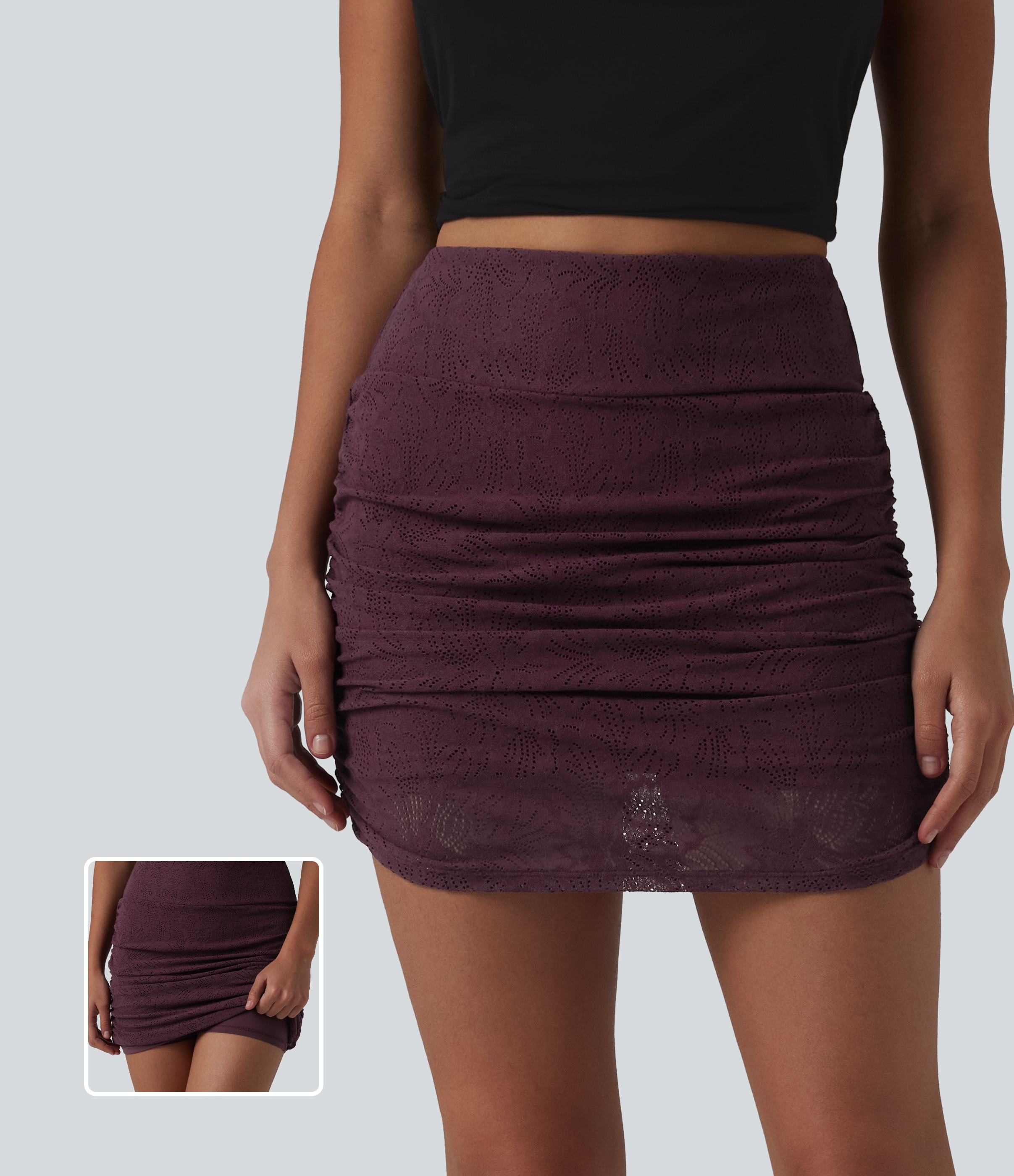 High Waisted Ruched Curved Hem 2-in-1 Lace Mini Bodycon Bridesmaid And Wedding Guest Skirt