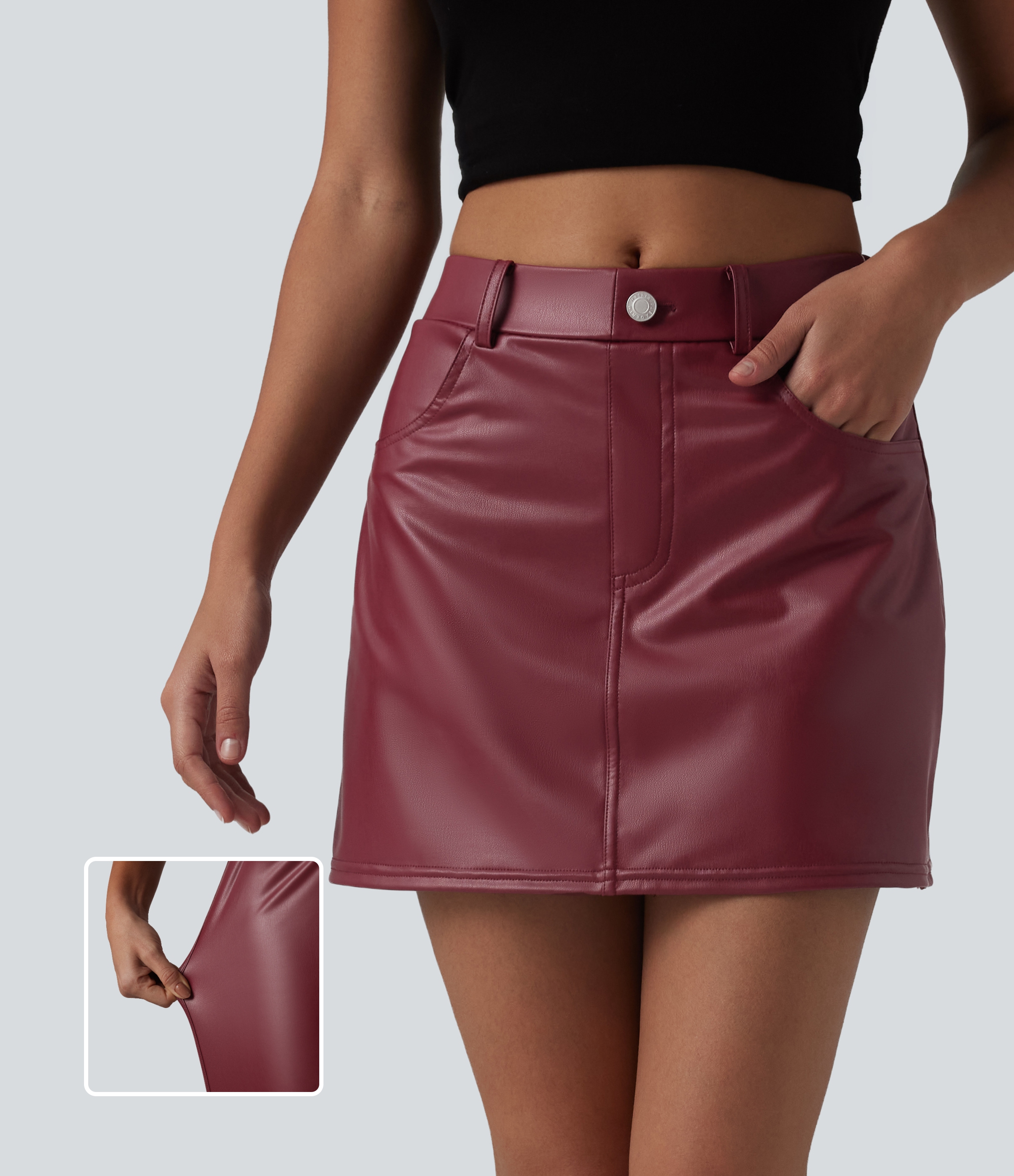 Lässiger Skort aus elastischem Kunstleder mit mittelhohem Bund und mehreren Taschen