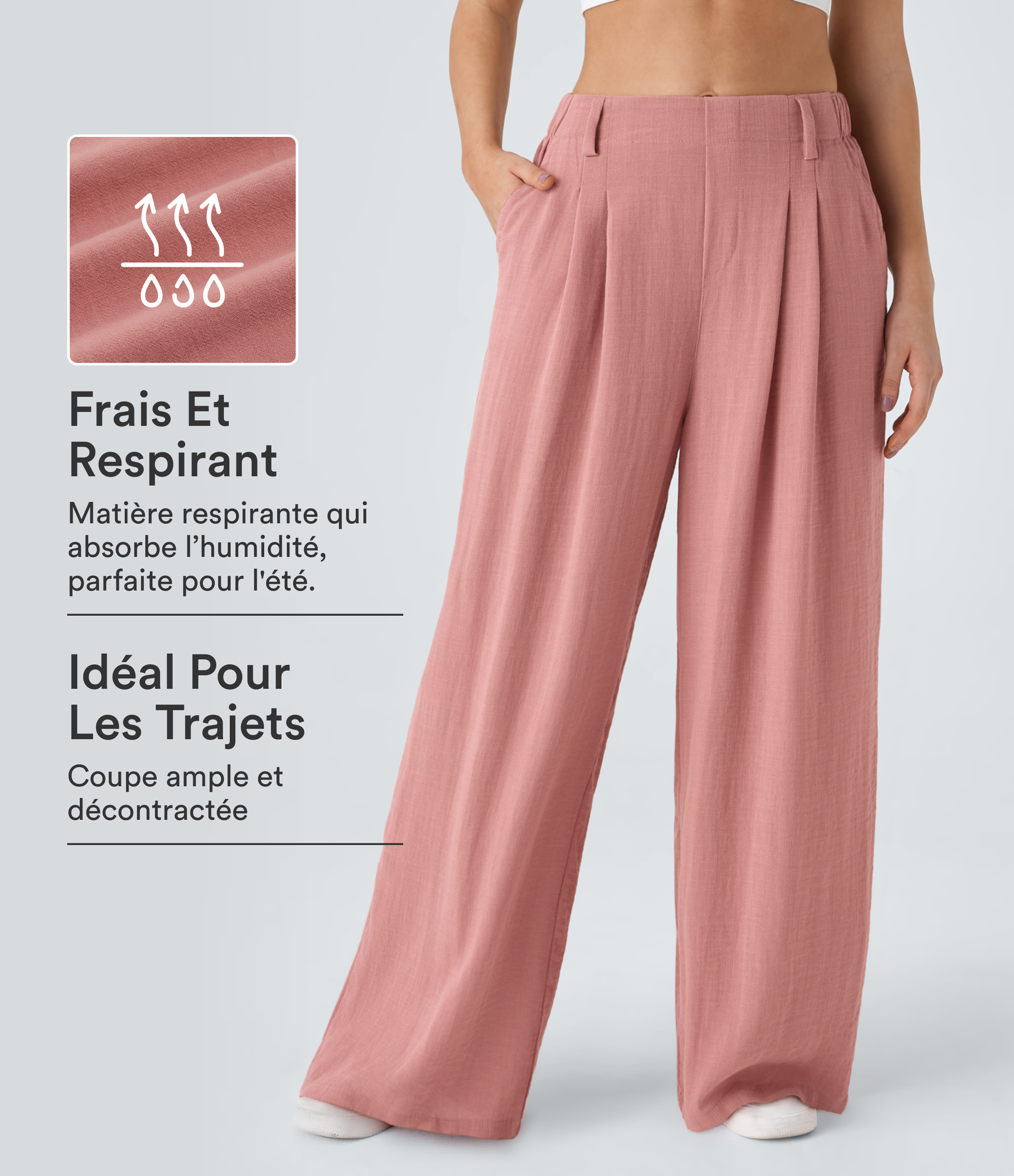 Wide Leg High Waist Palazzo Trousers with Side Pockets, Solid Color, Casual Linen-Feel
