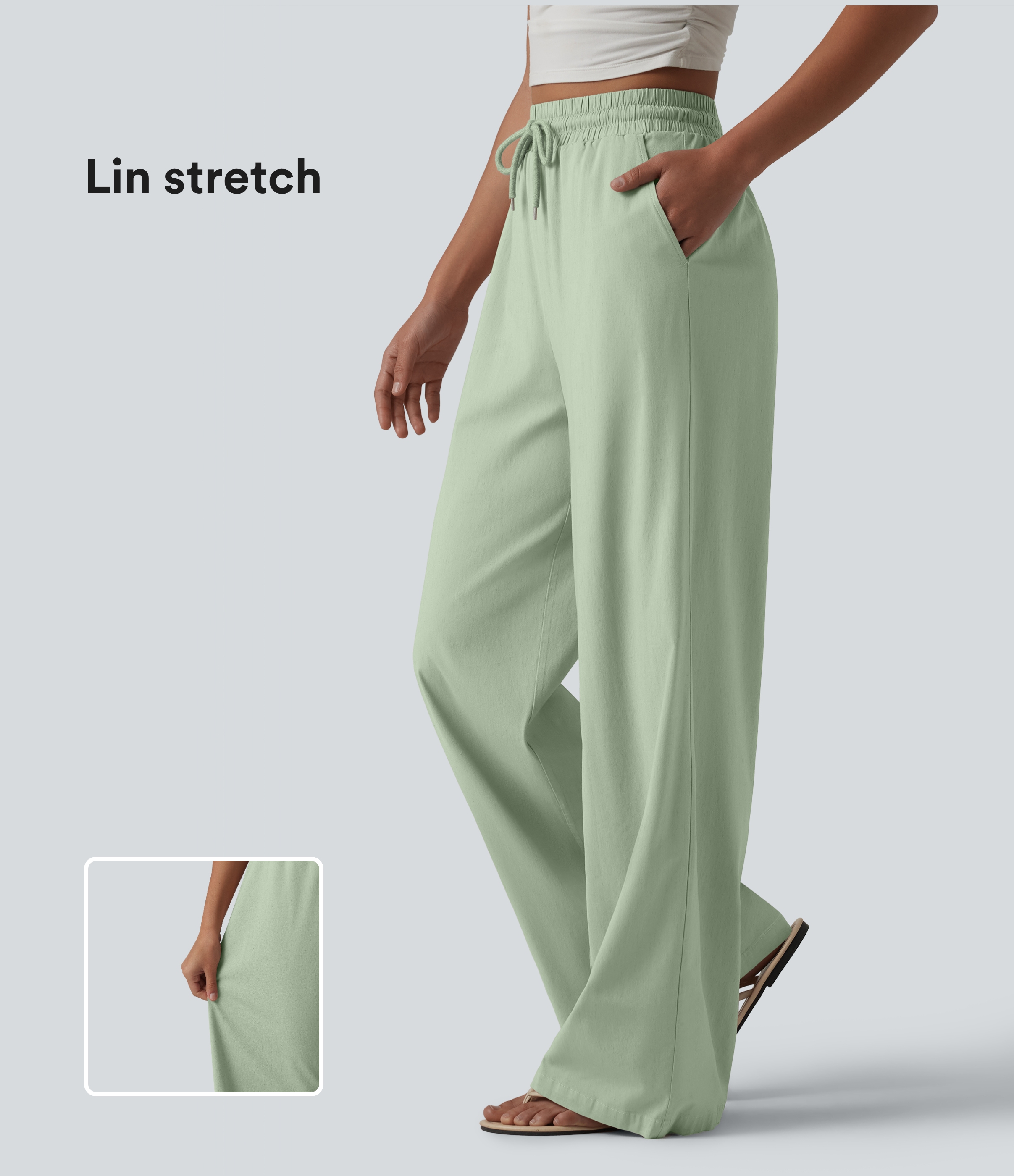 Pantalon large fluide en lin stretch taille haute avec cordon de serrage et poches