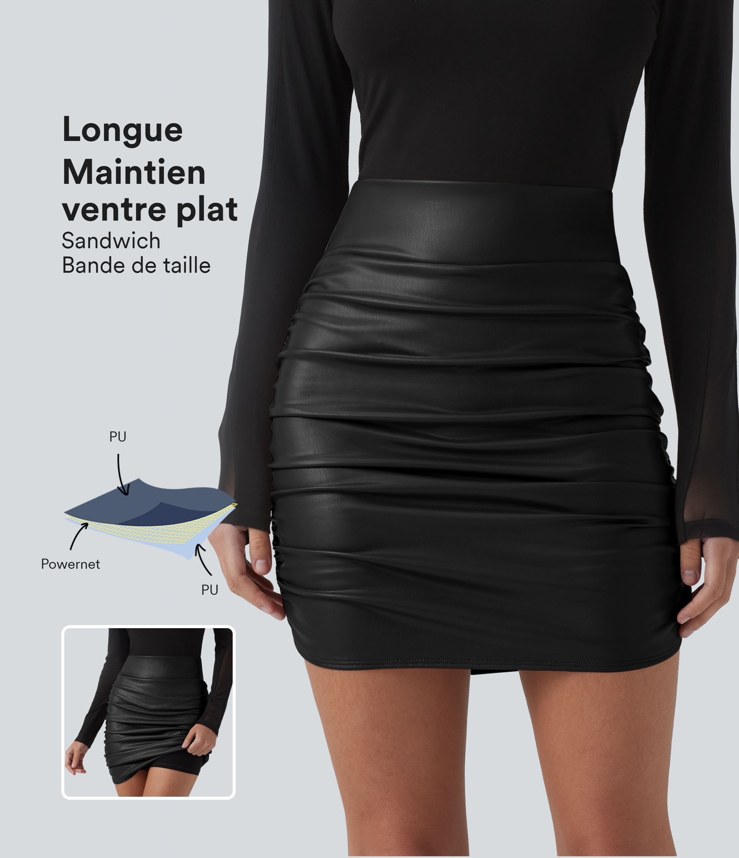 Minifalda ajustada 2 en 1 de tejido polar y revestido, de talle alto, moldeadora, con fruncidos y bajo redondeado - Largo más largo