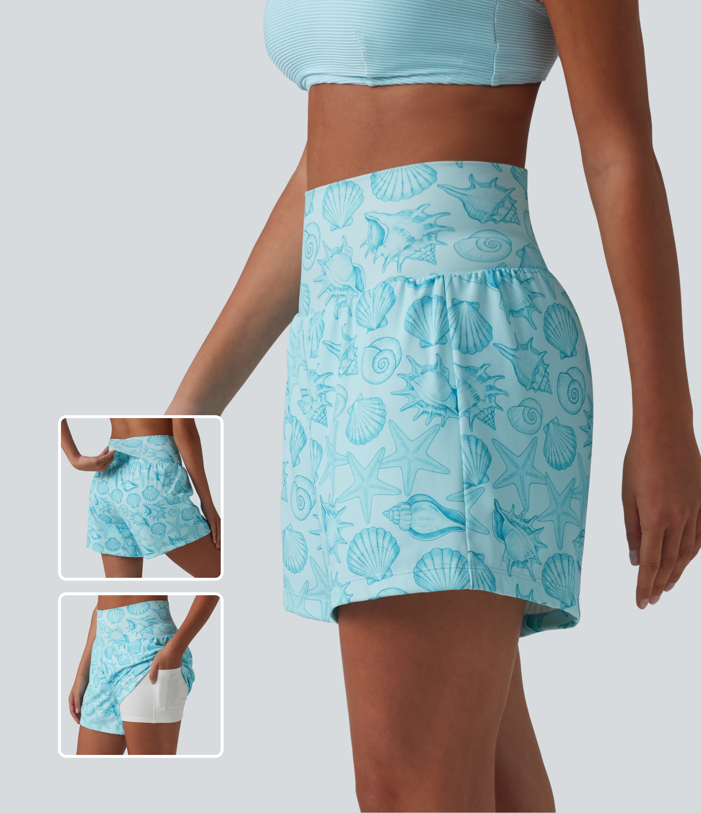 High Waisted 2-in-1 Seashell Shorts 5'' with Pockets