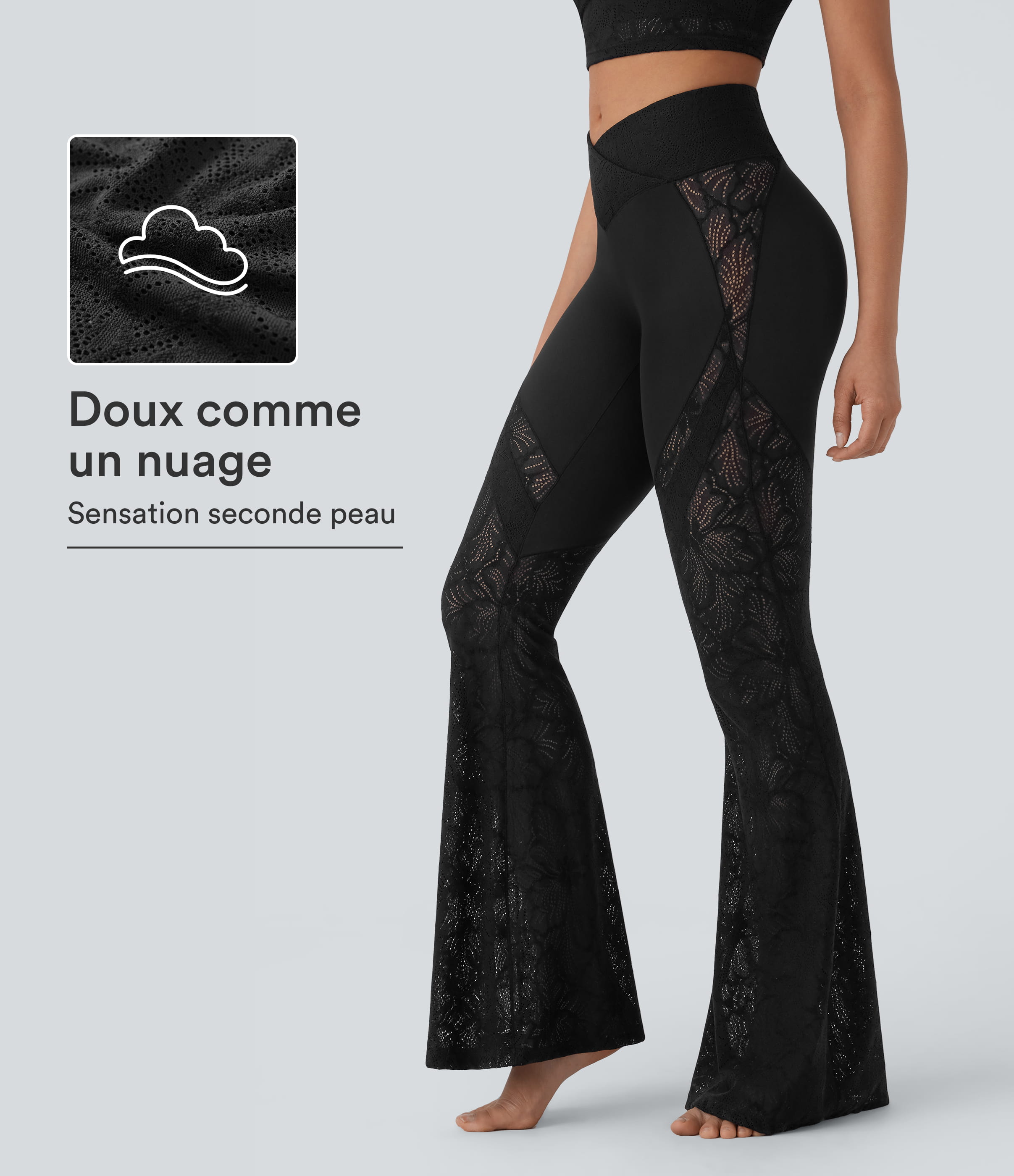 Pantalon de yoga évasé à taille haute croisée, poche arrière et dentelle