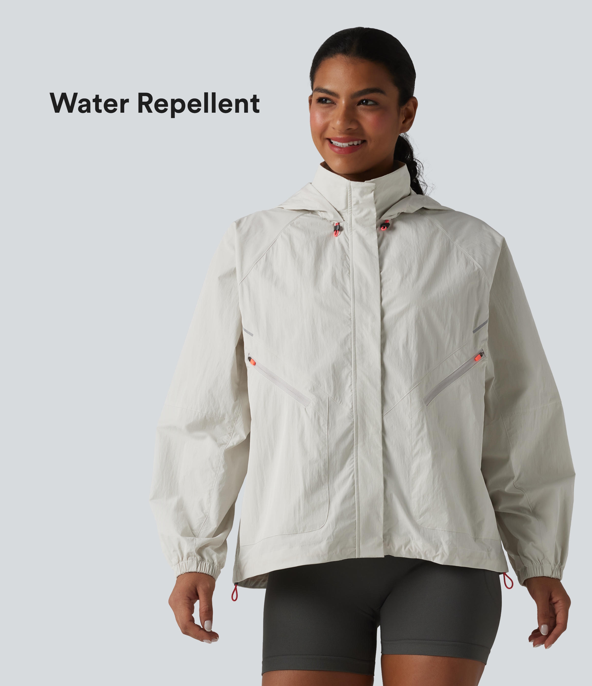 Windproof running jacket with hood, long sleeves, water-repellent and reflective, with pockets