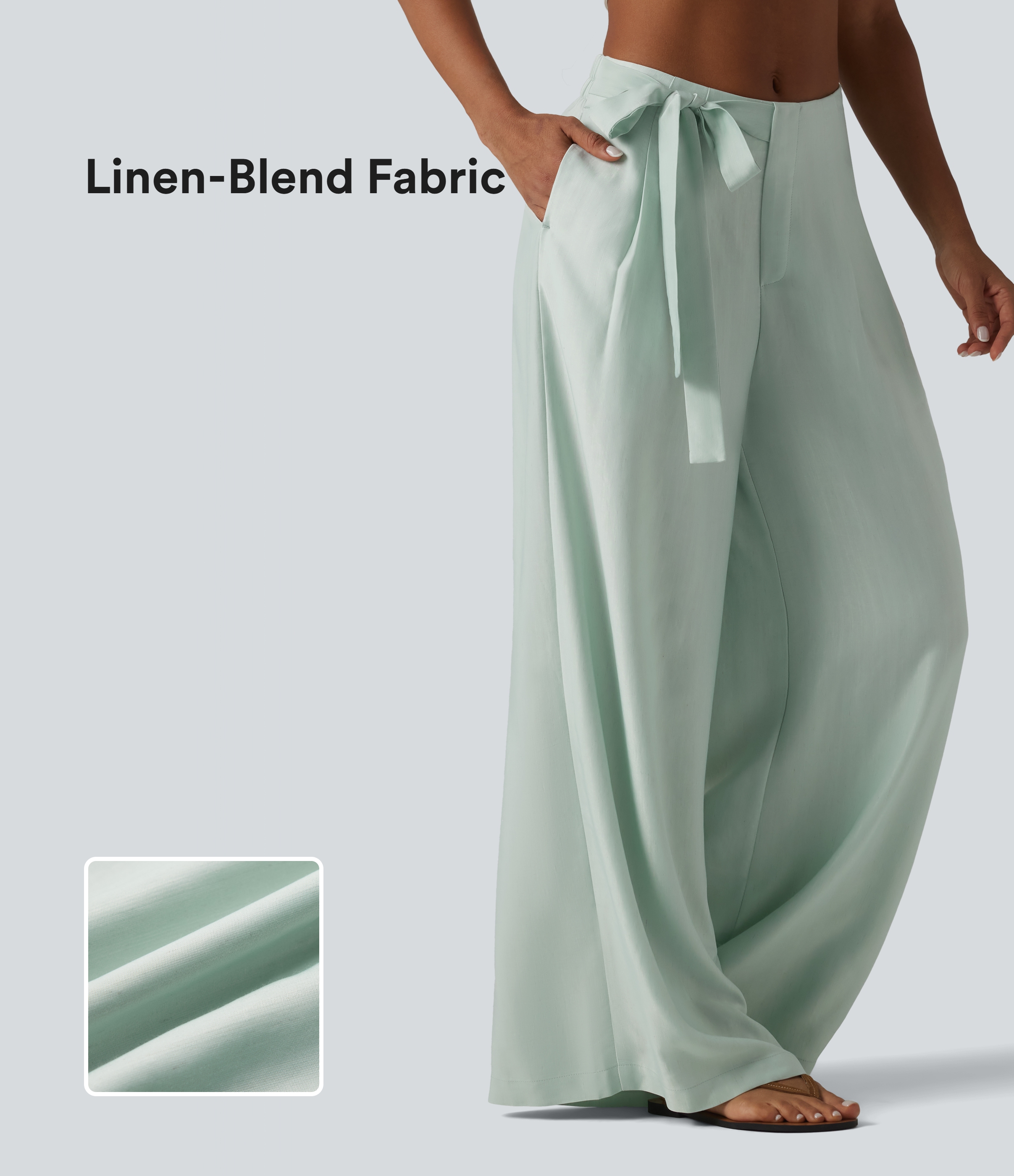 High Waisted Tie Side Baggy Linen-Blend Pants with Pockets