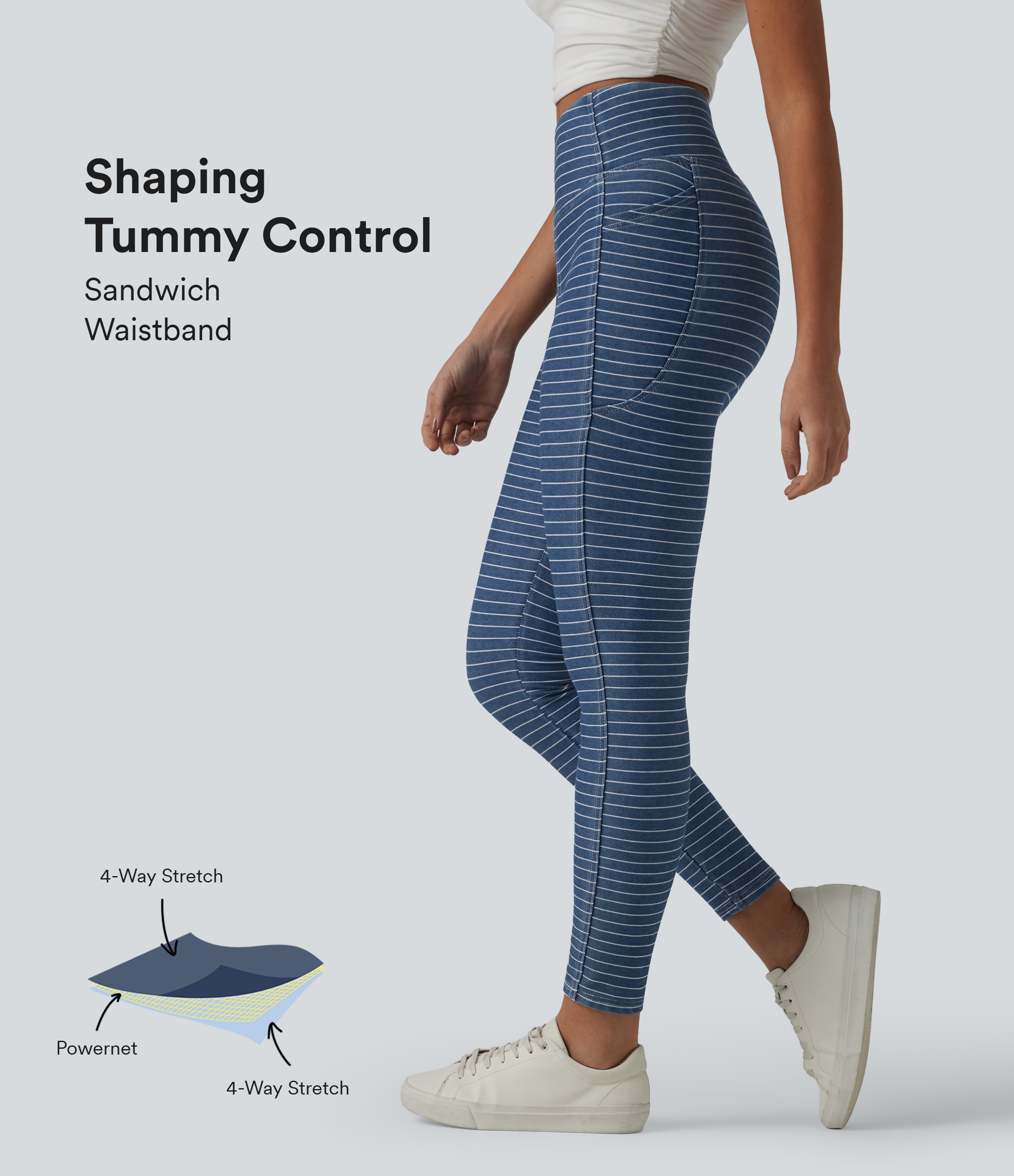 Halara Flex™ High Waisted Tummy Control Stripes Denim Casual 7/8 Leggings with Pockets