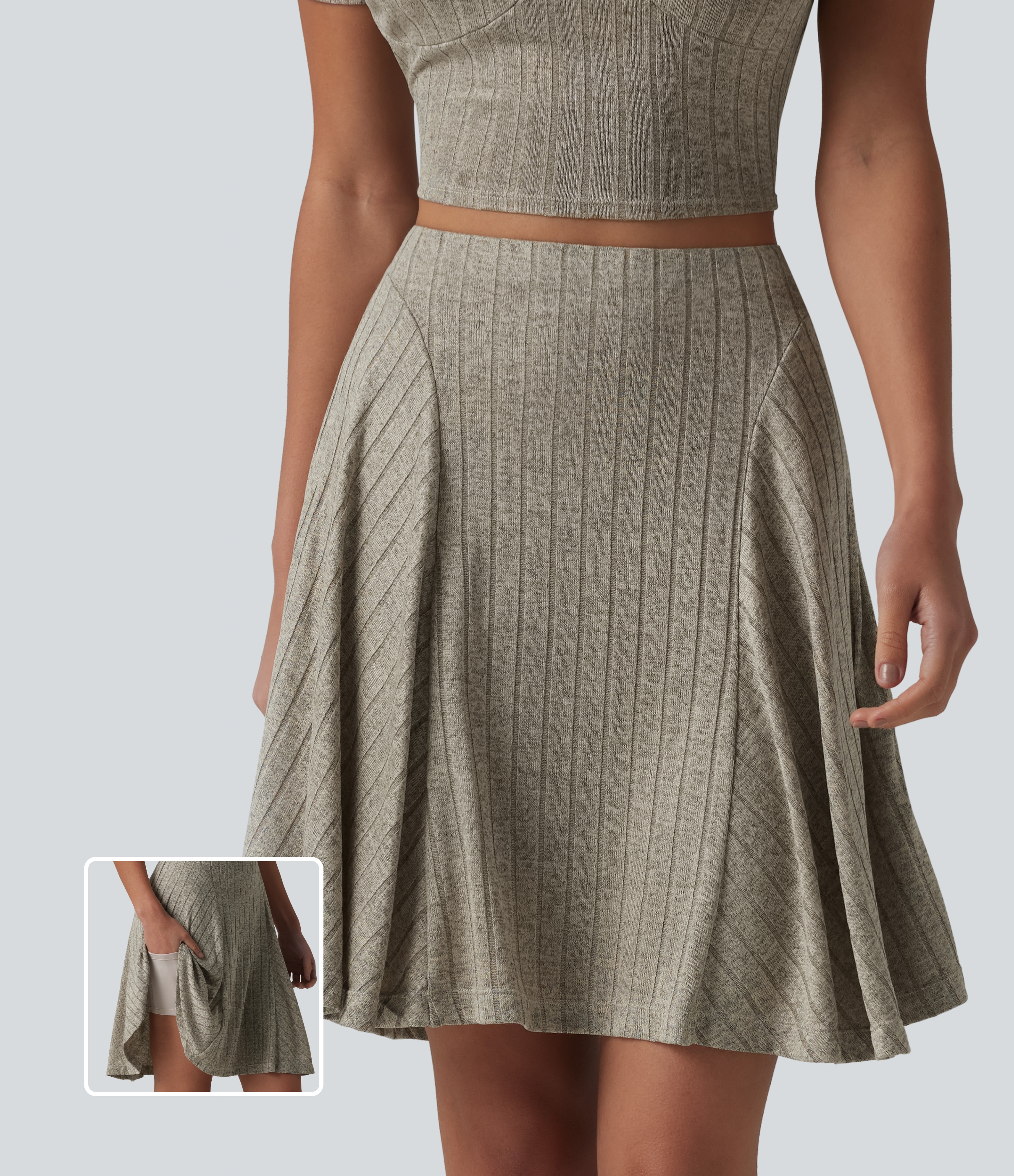Jupe mini évasée casual 2 en 1 en maille côtelée taille haute avec poches