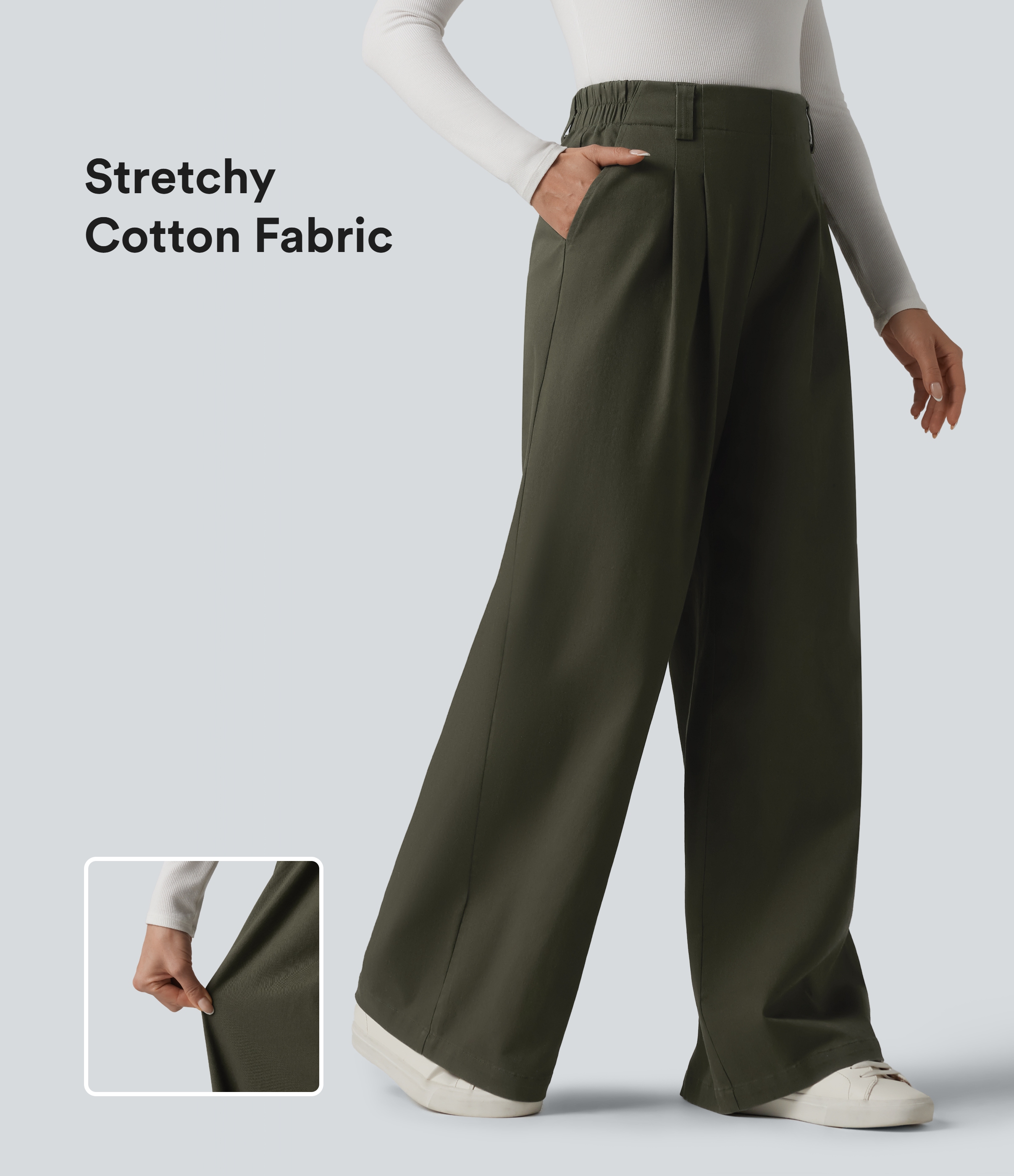 High Waisted Baggy Work Chino Cotton Trousers with Pockets