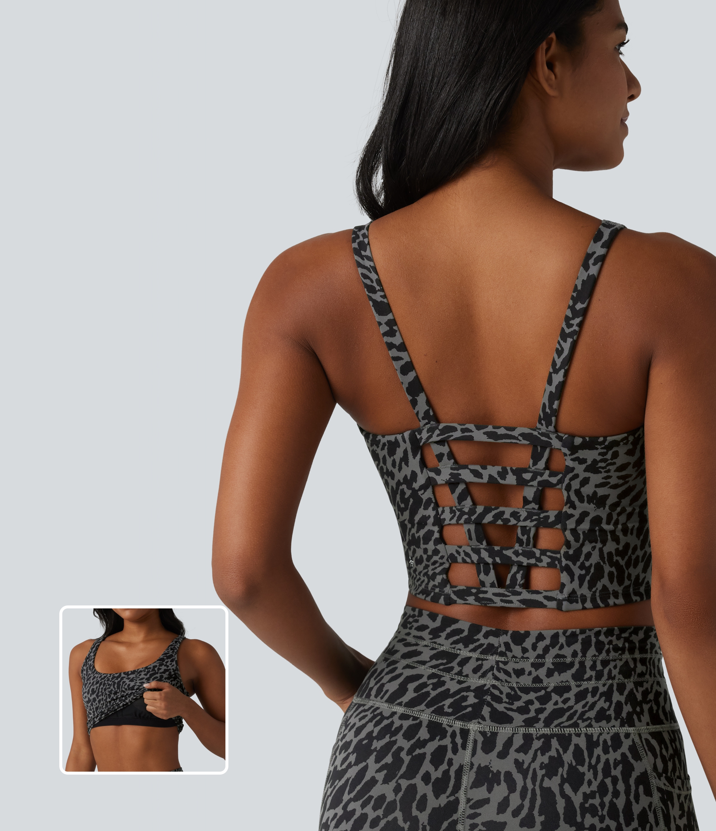 Halara UltraSculpt™ - Verkürztes Yoga-Tanktop mit U-Ausschnitt, integriertem BH, Leopardenmuster und Cut-Out-Design