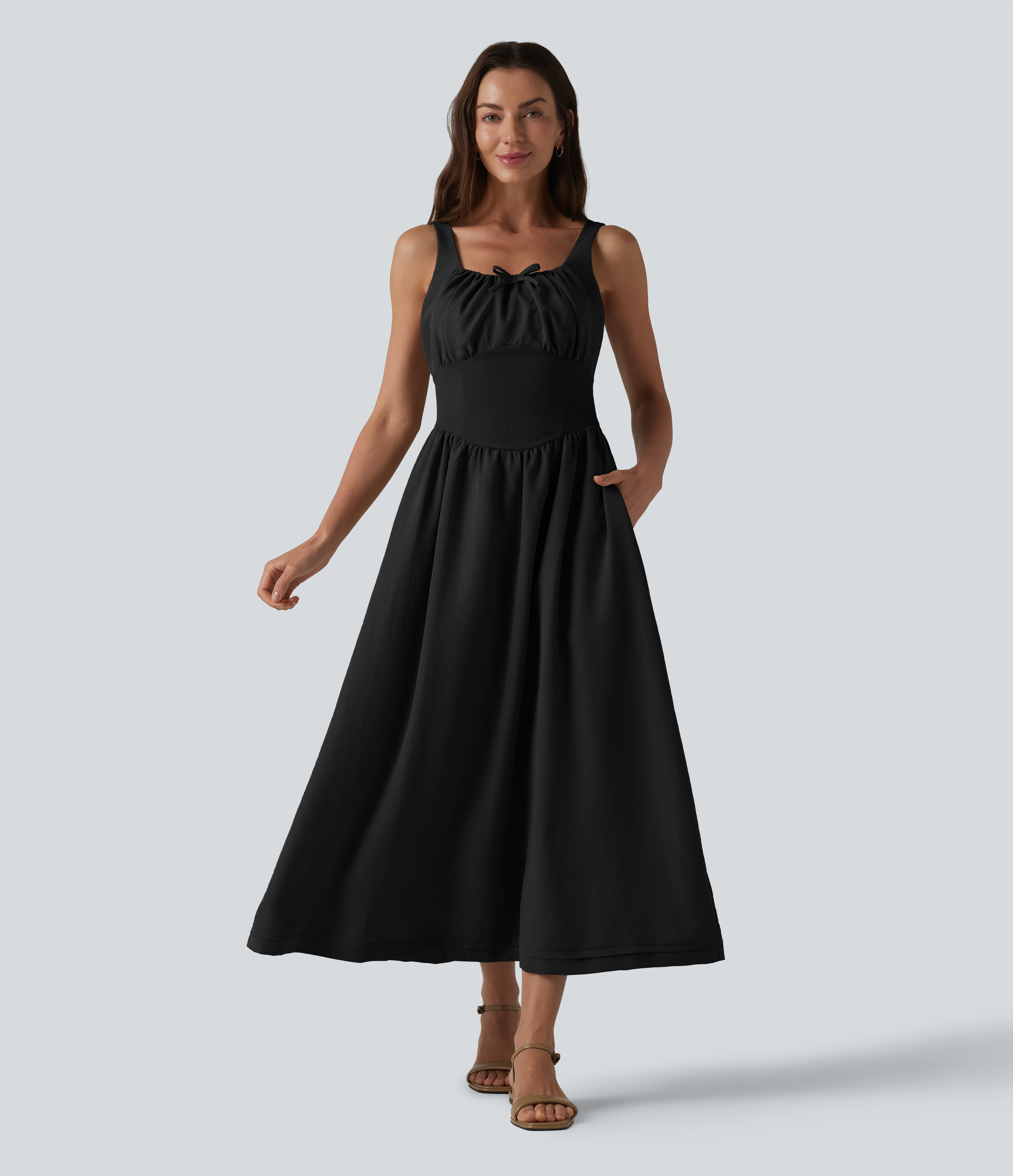 Square Neck Lace Up Corset Midi Casual Milkmaid Dress with Pockets
