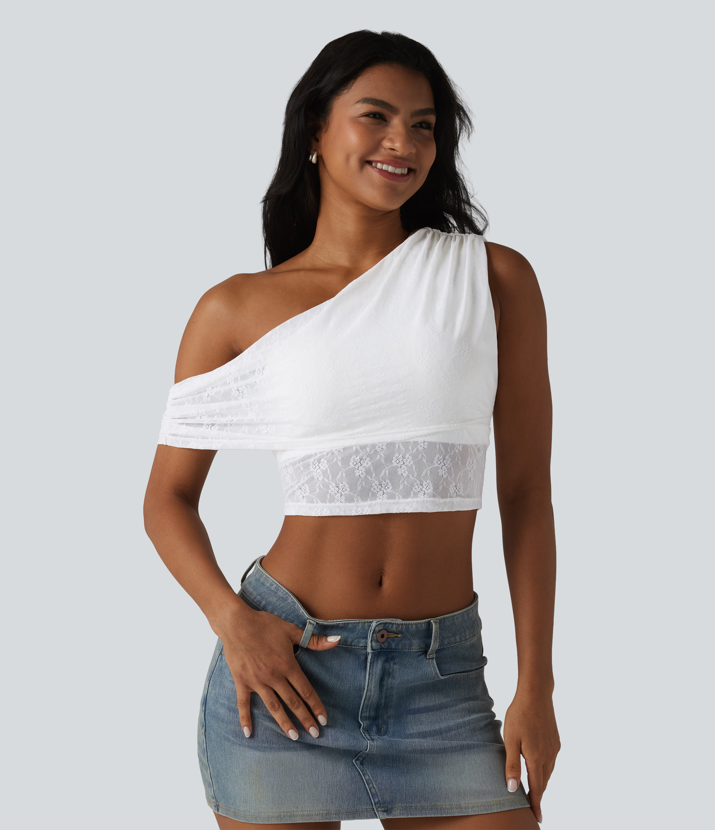 One-shoulder Built-in Bra Ruched Lace Casual Sports Top