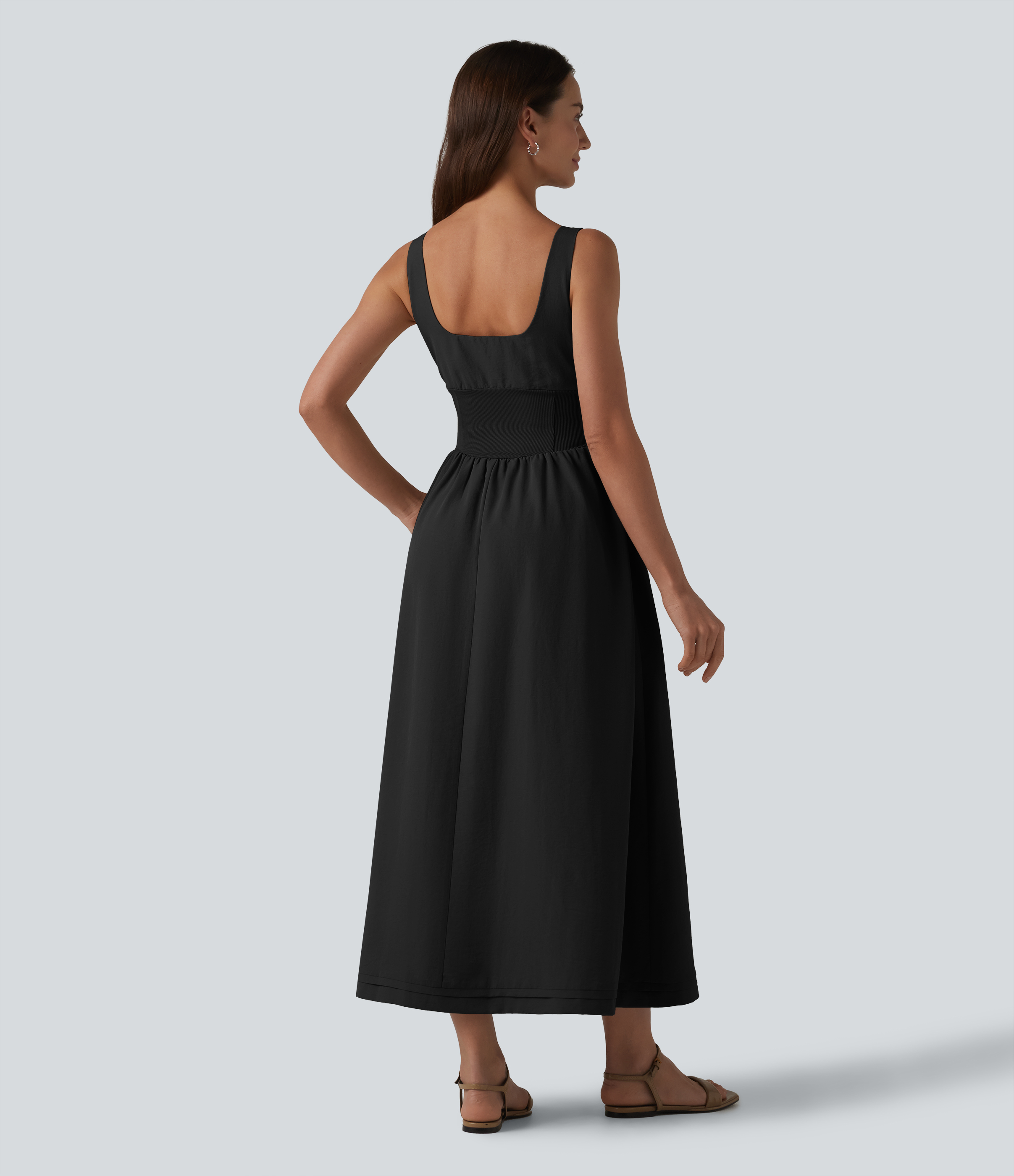 Black Square Neck Lace Up Corset Midi Casual Milkmaid Dress with Pockets / 2