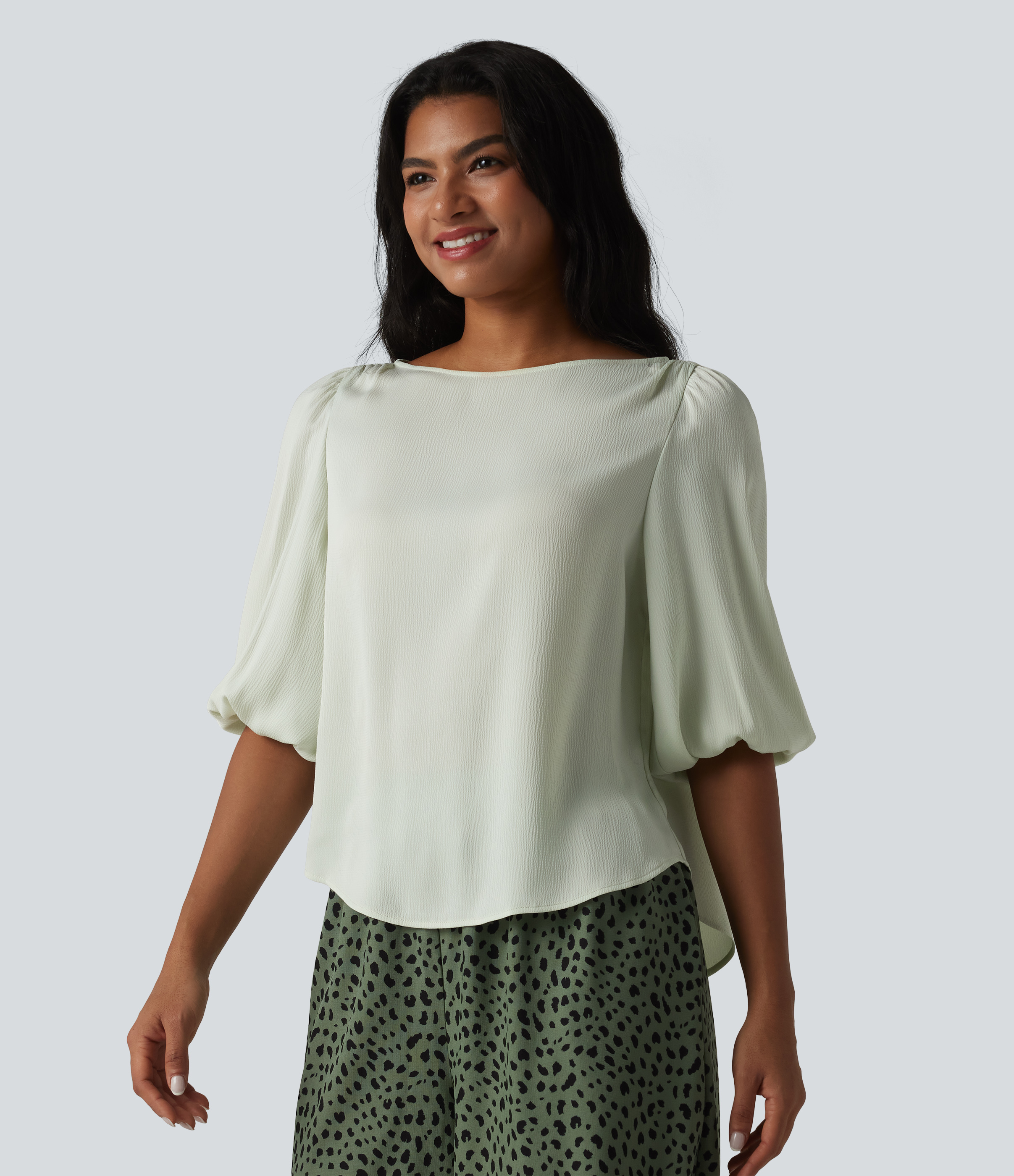 Puff Sleeve Curved Hem Texture Casual Blouse