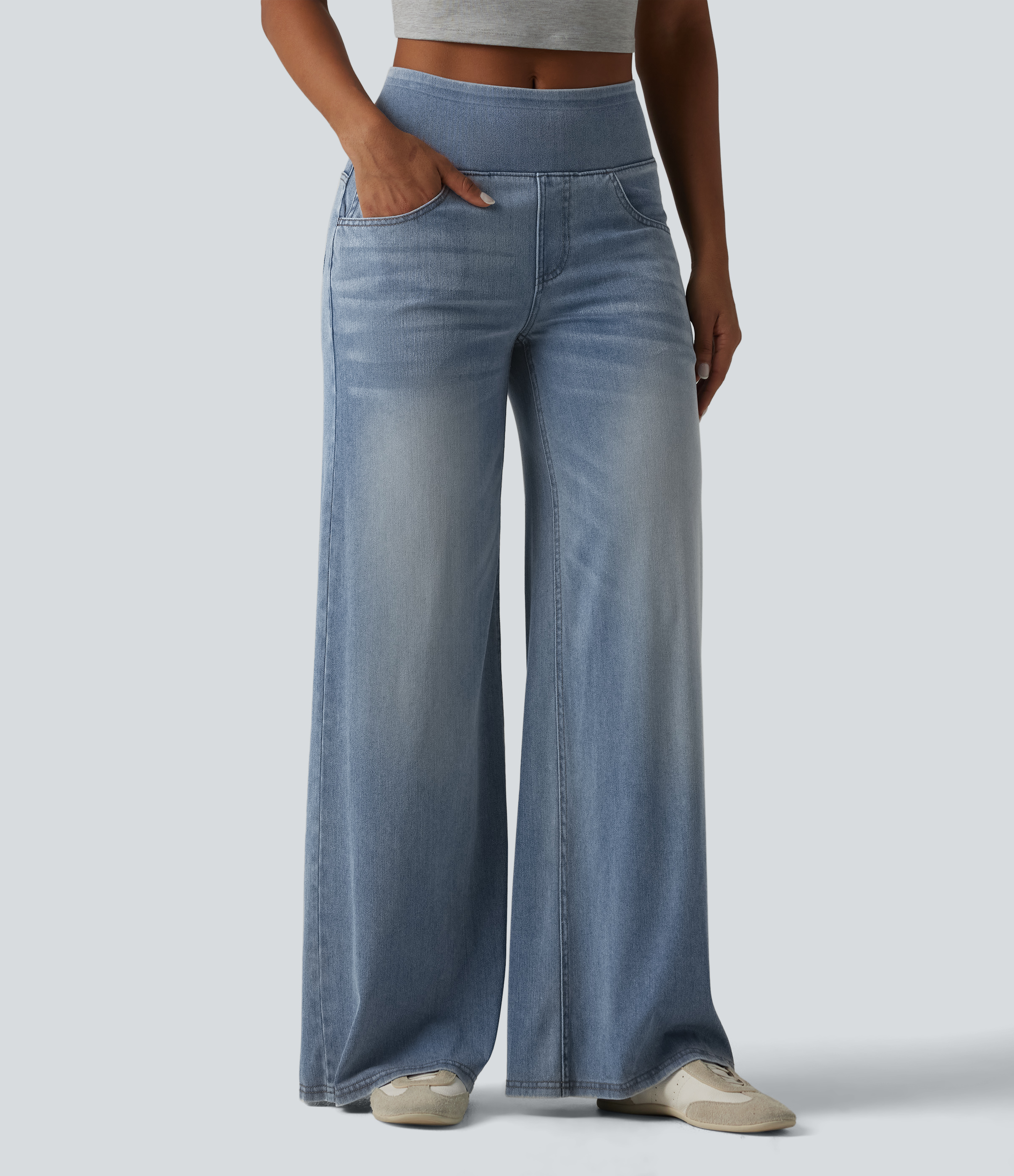 Halara Flex™ Mid Rise Draped Lyocell Washed Casual Baggy Wide Leg Jeans with Pockets — Sunset Blue Denim by Halara