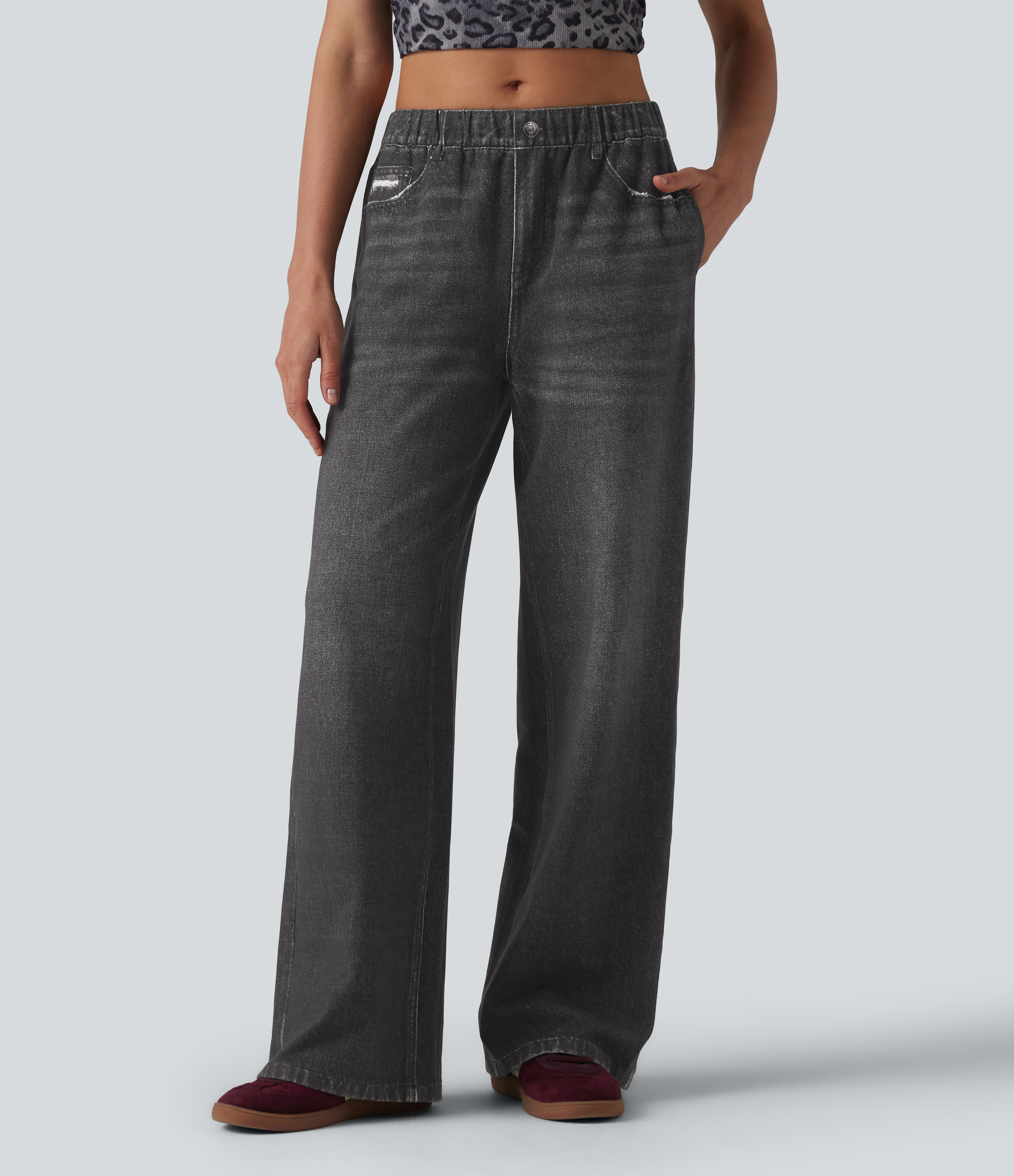 Mid Rise Denim Print French Terry Casual Sweatpants Jeans with Pockets — Smoky Washed Black by Halara
