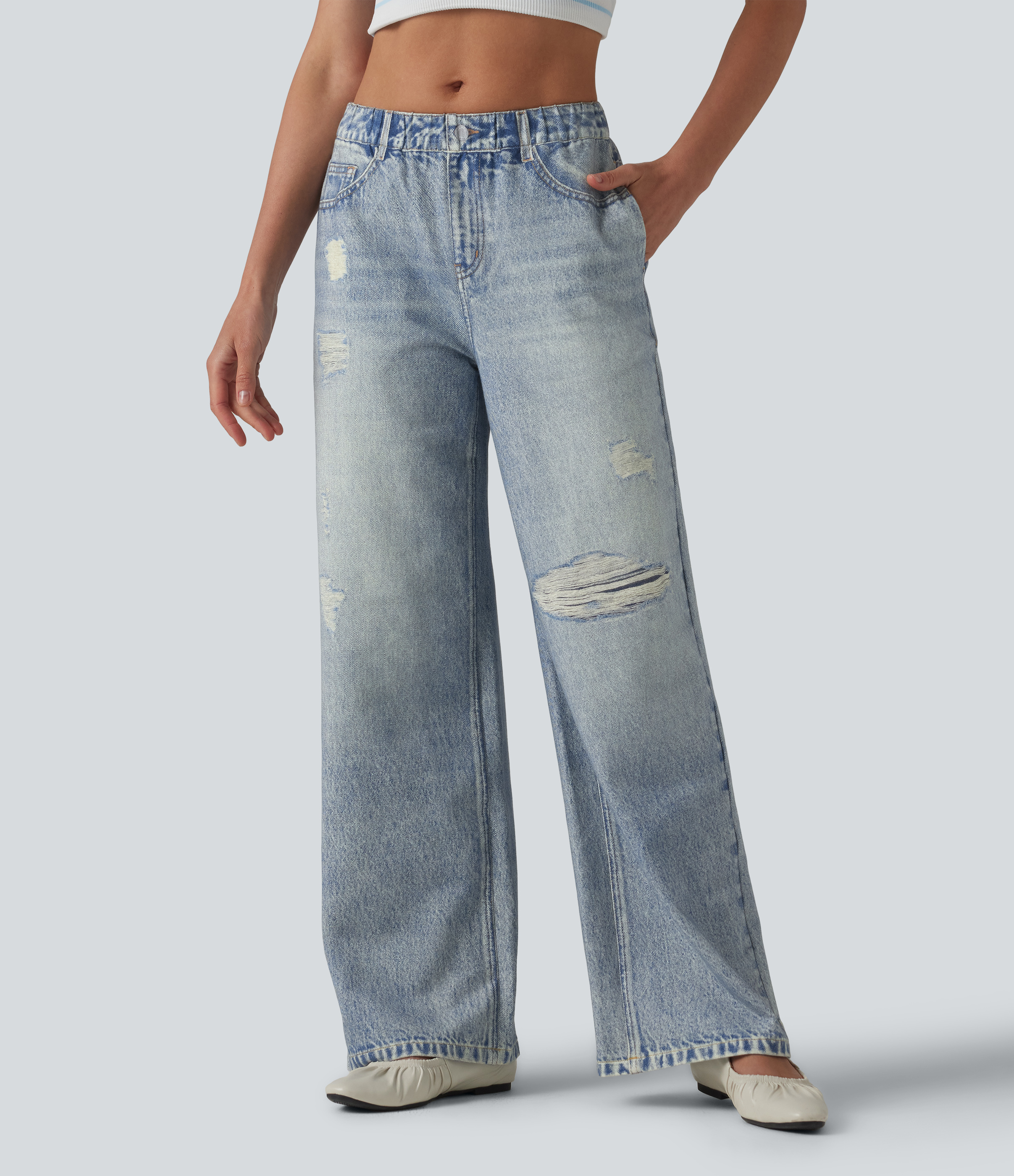 Mid Rise Denim Print French Terry Casual Sweatpants Jeans with Pockets — Soft Breeze Blue by Halara