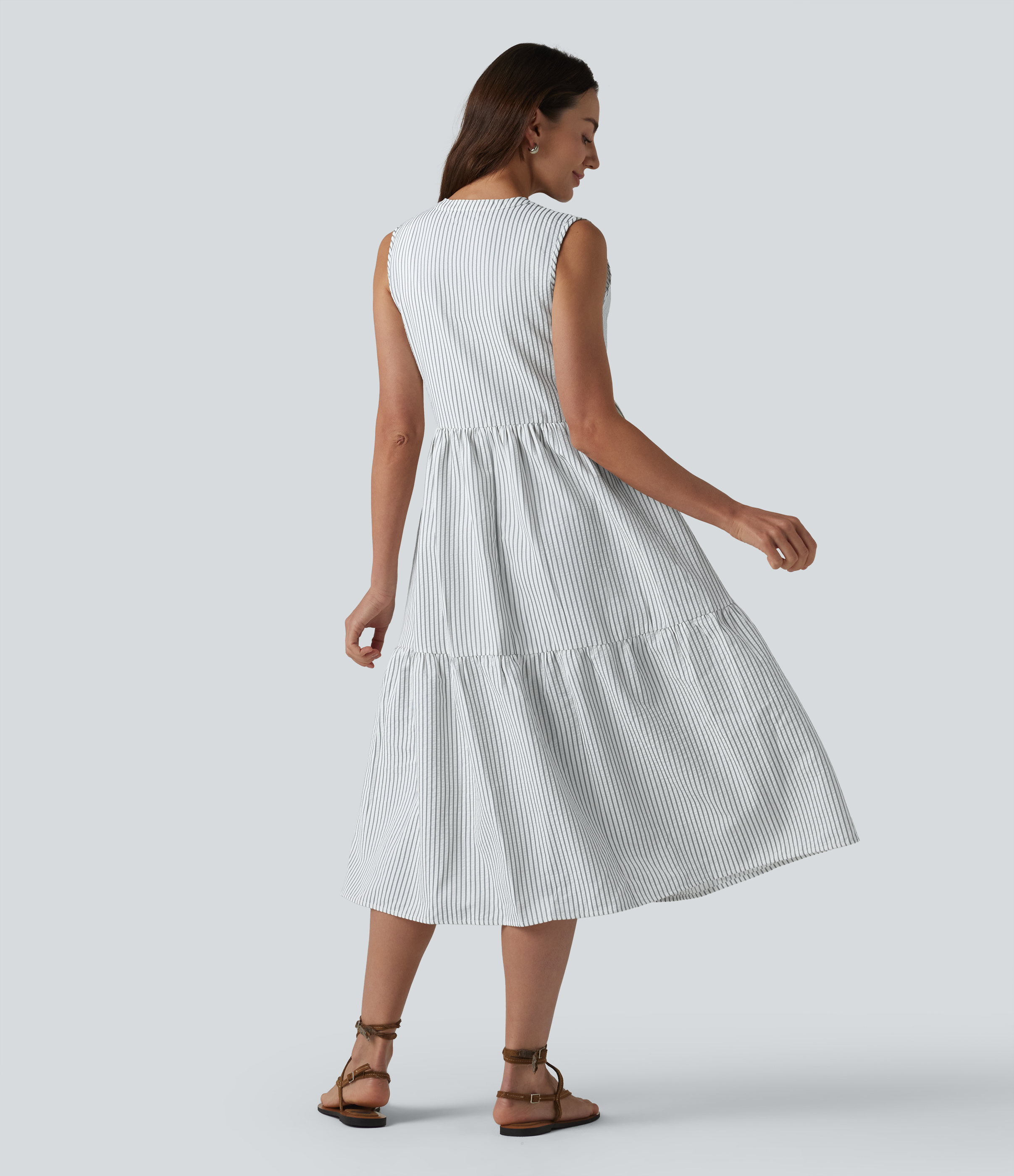 Foggy Stripe V Neck Built-in Bra Sleeveless Stripe Midi Dress / 2