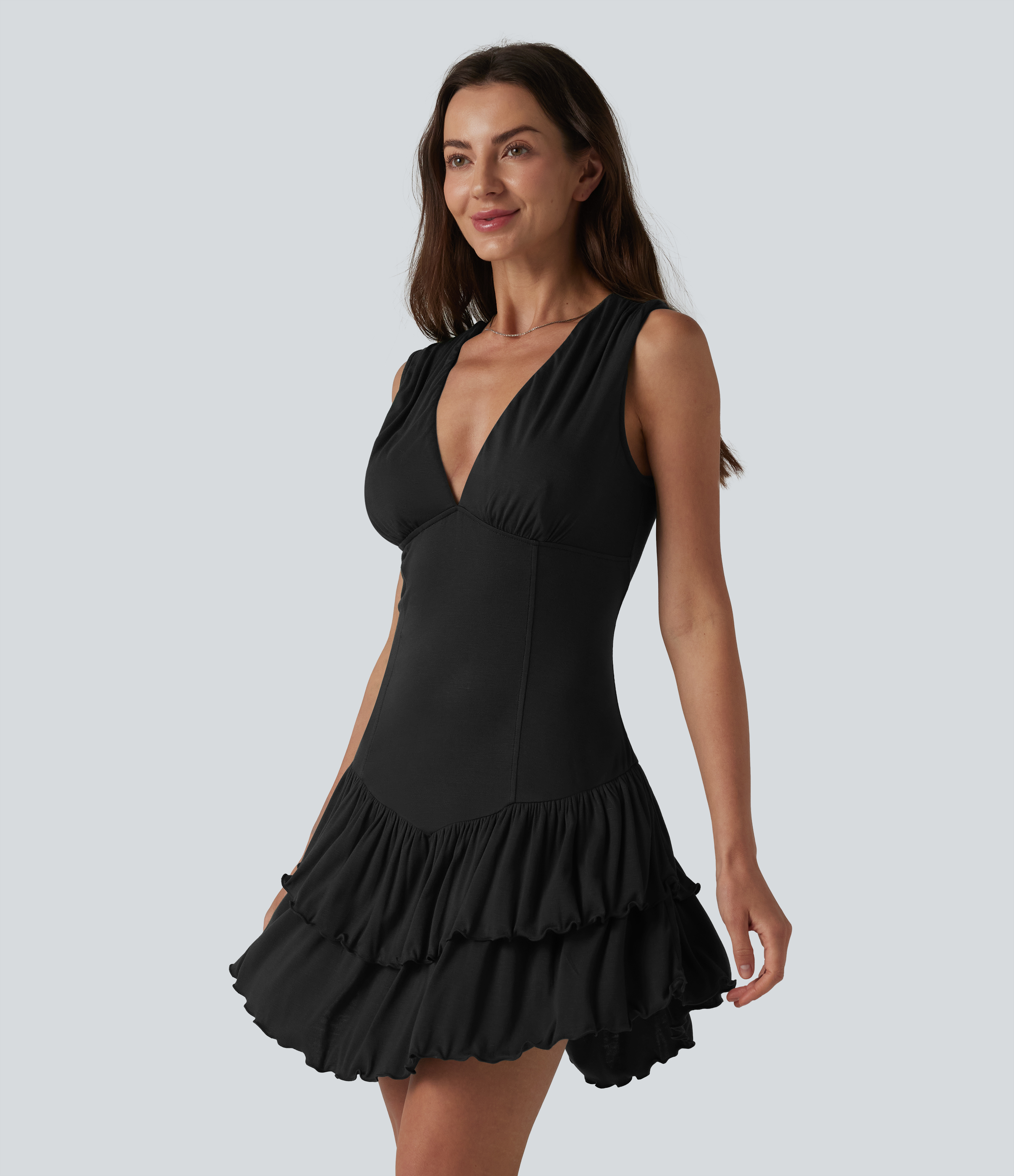 Ribbed V Neck Sleeveless Layered Ruffle Hem Mini Dress