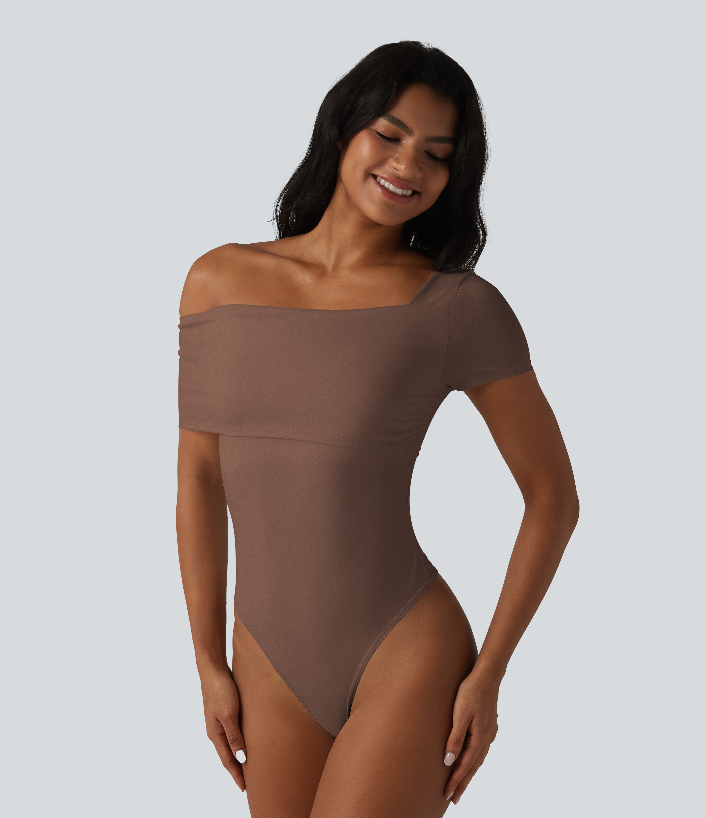 Cocoa Brown Asymmetrical Neck Short Sleeve Built-in Bra Casual Bodysuit / 2