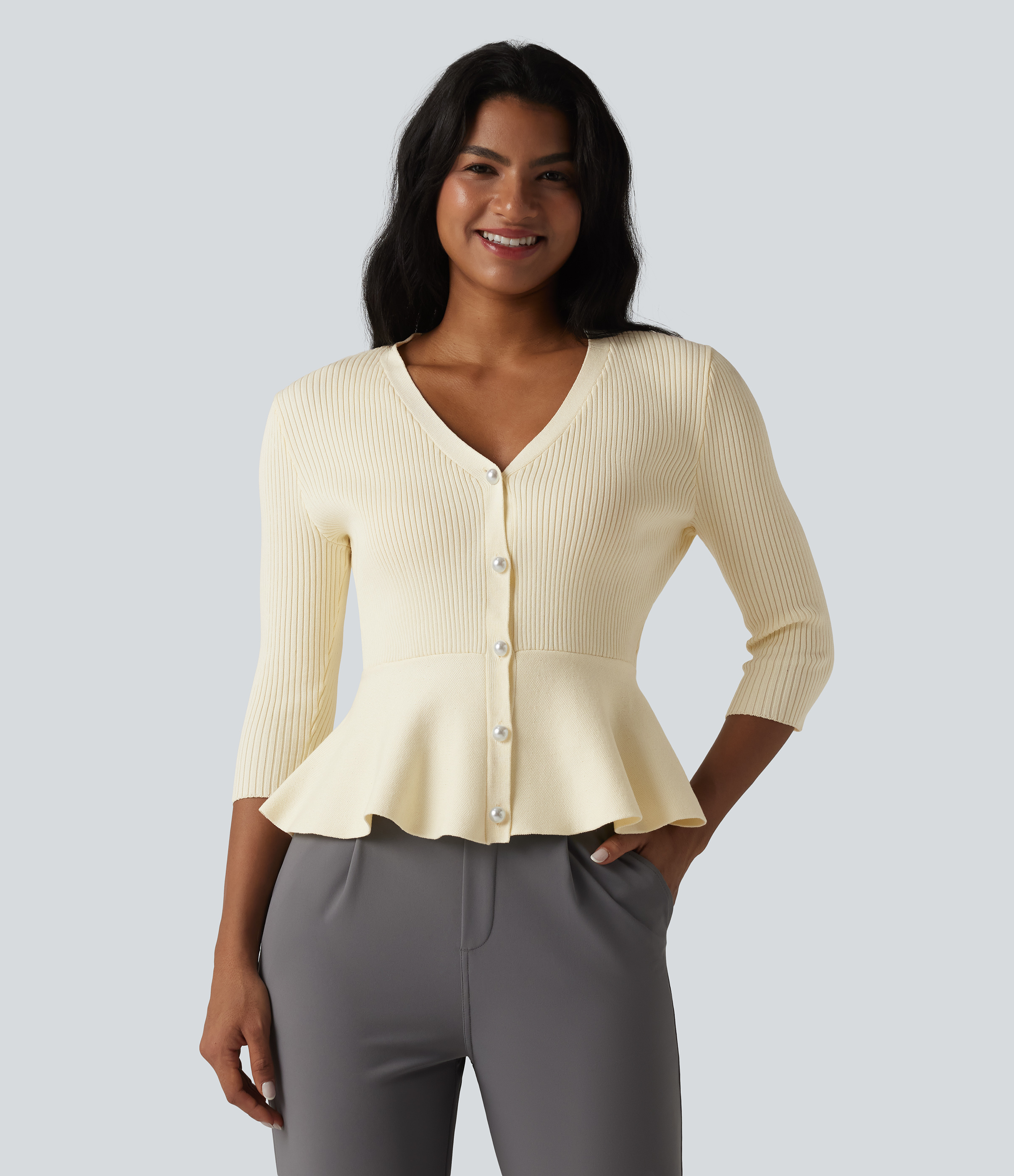V Neck 3/4 Sleeve Work Peplum Cardigan