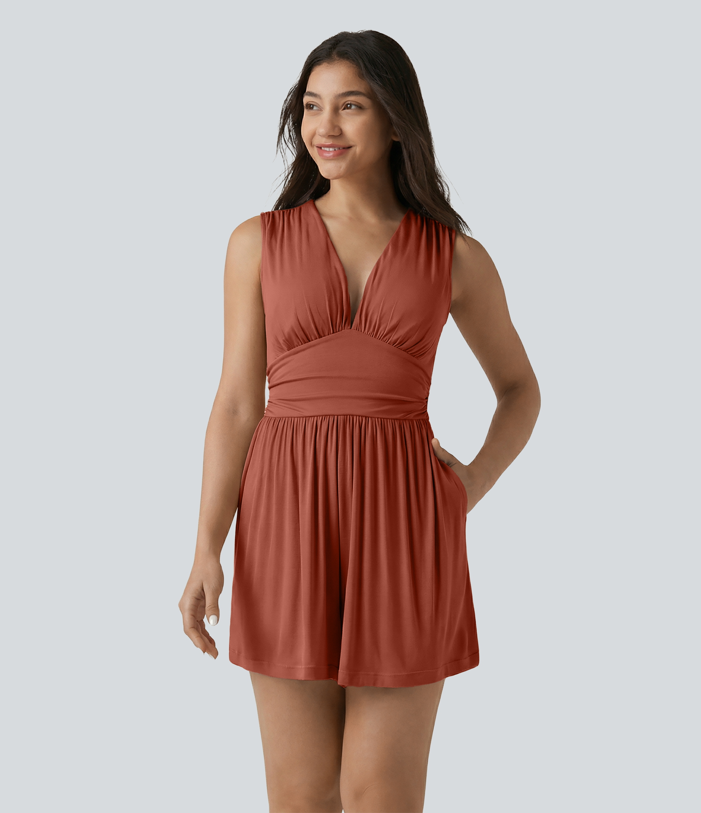 Ribbed V-neck Sleeveless Ruched Built-in Bra Casual Romper with Pockets-Easy Peezy