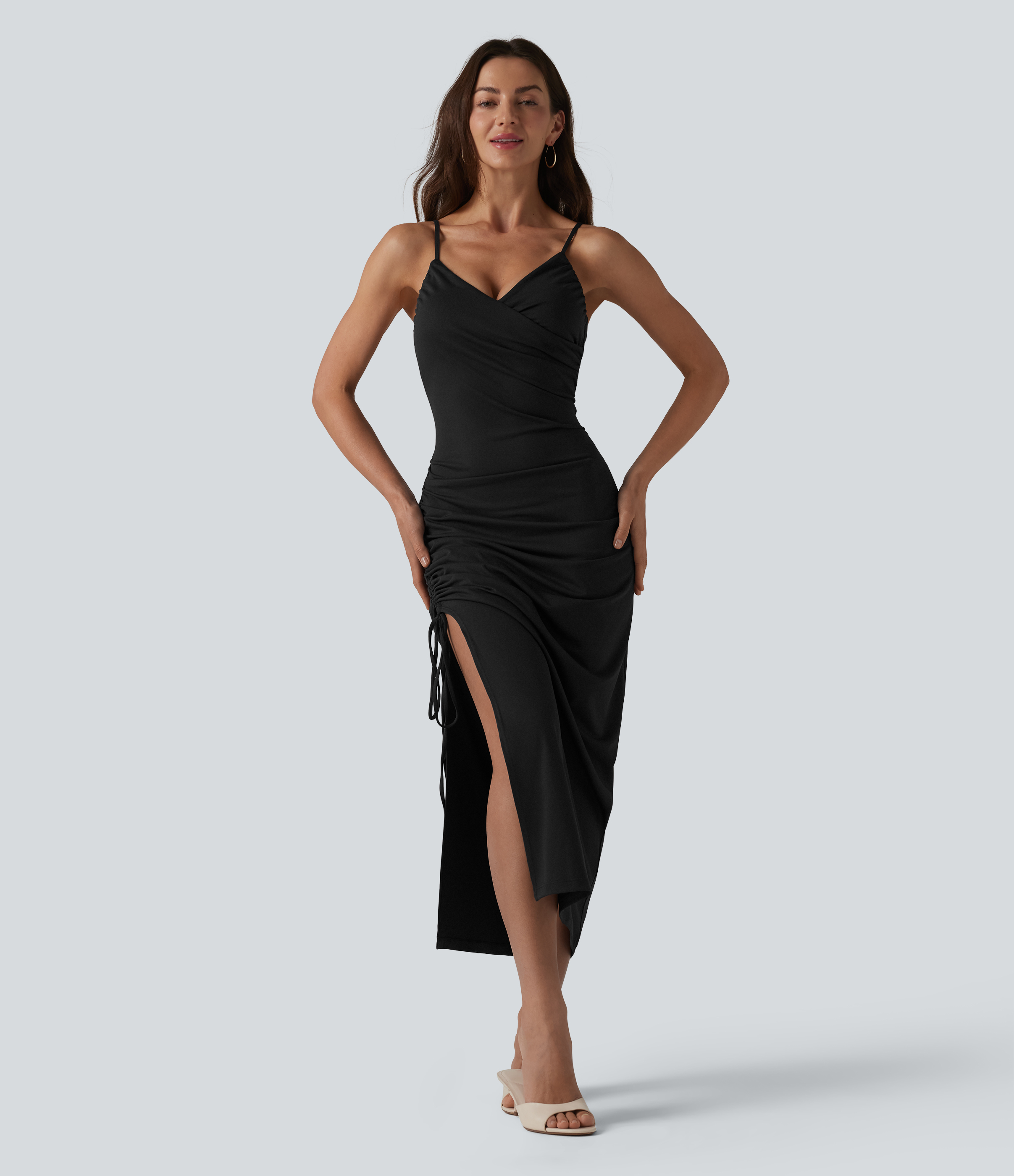 Robe midi moulante à col en V rembourrage non amovible et fronces à cordon