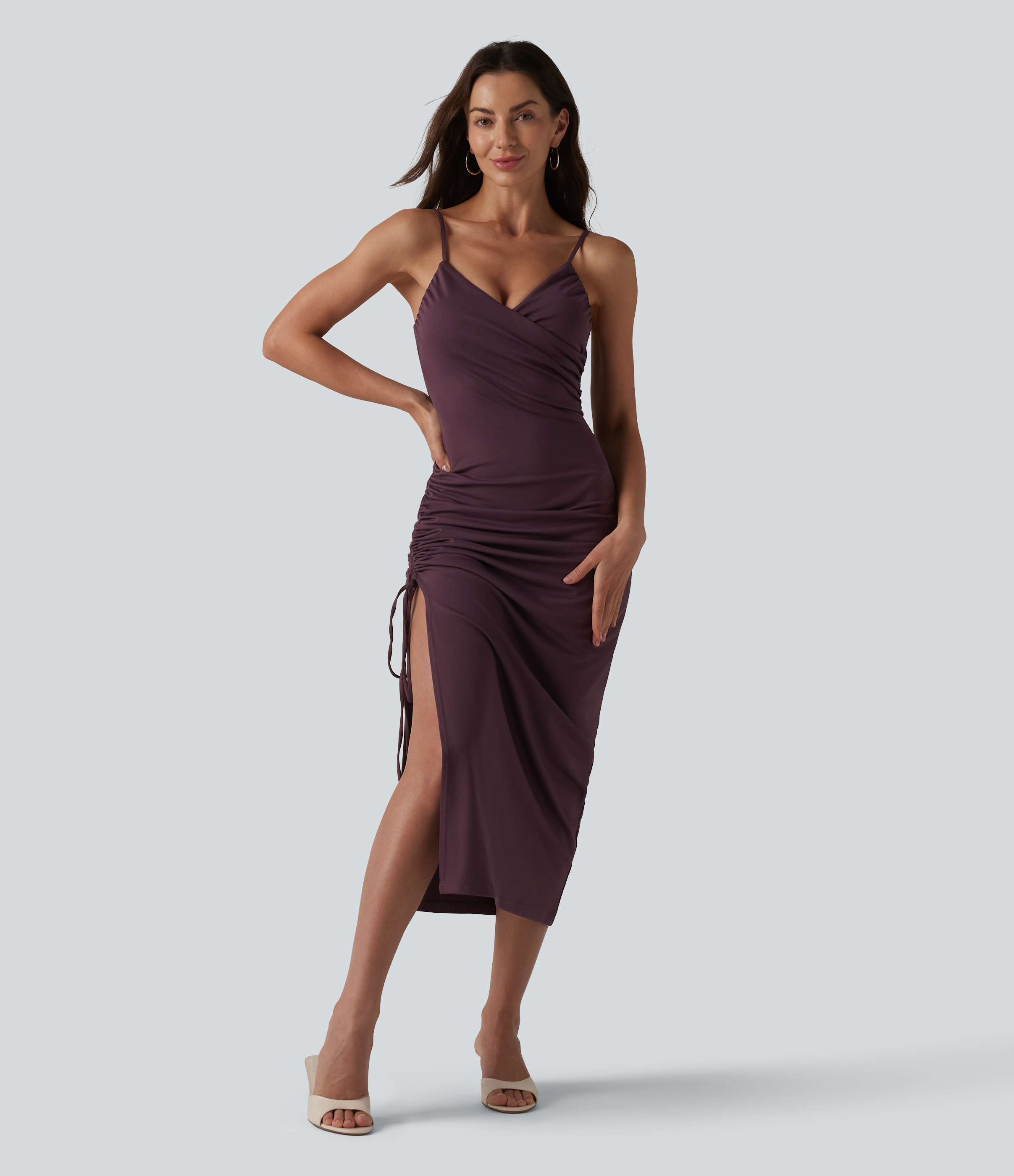 V Neck Non-Removable Pad Ruched Drawstring Bodycon Midi Dress