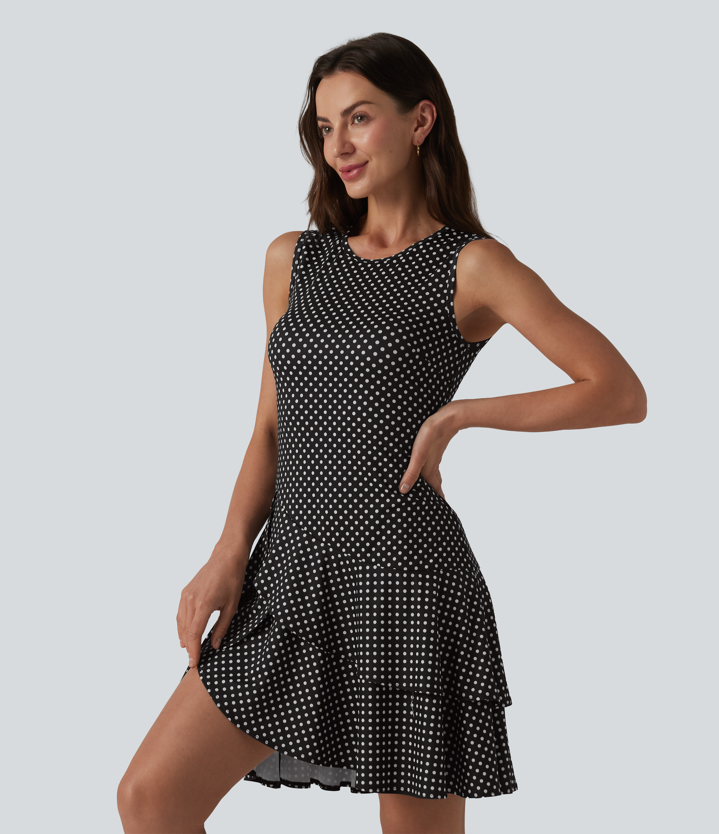 Round Neck Sleeveless Layered Ruffle Hem Polka Dot Mini Casual Dress