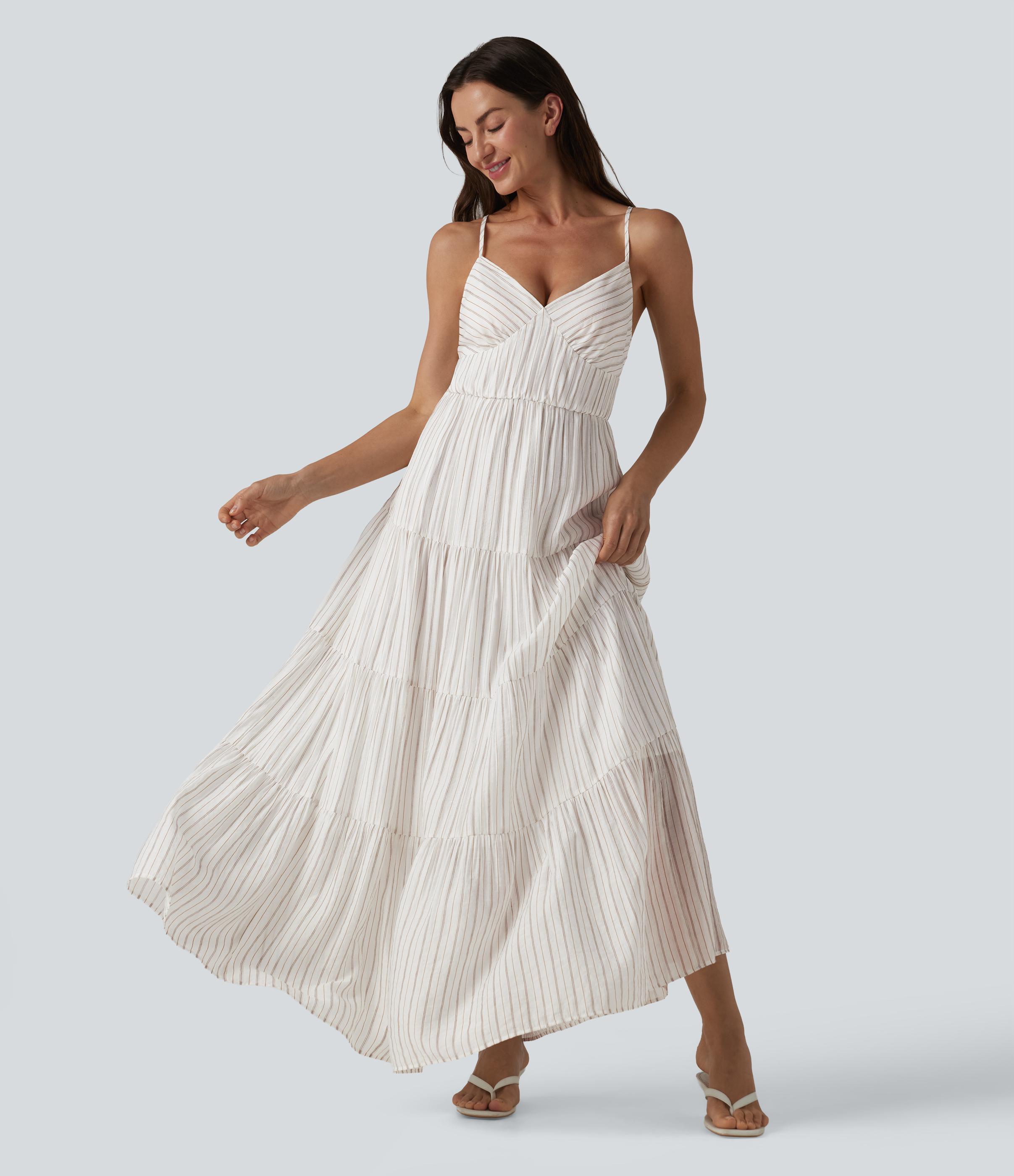 Honey Oat Stripe Fließendes Maxikleid mit V-Ausschnitt, Streifen und Schnürdesign / 2