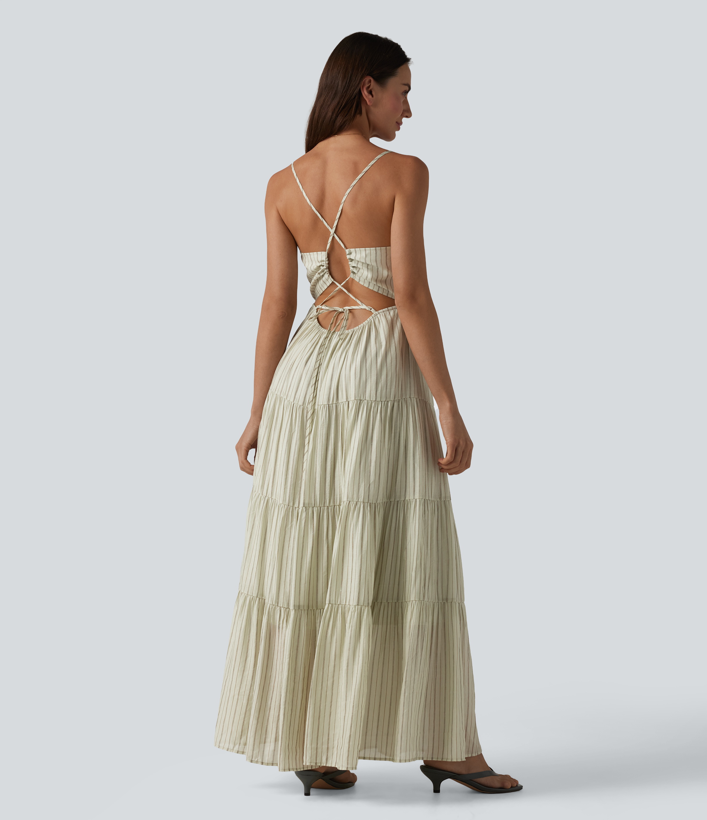 Sandbar Stripe V Neck Lace Up Stripe Flowy Maxi Dress / 1