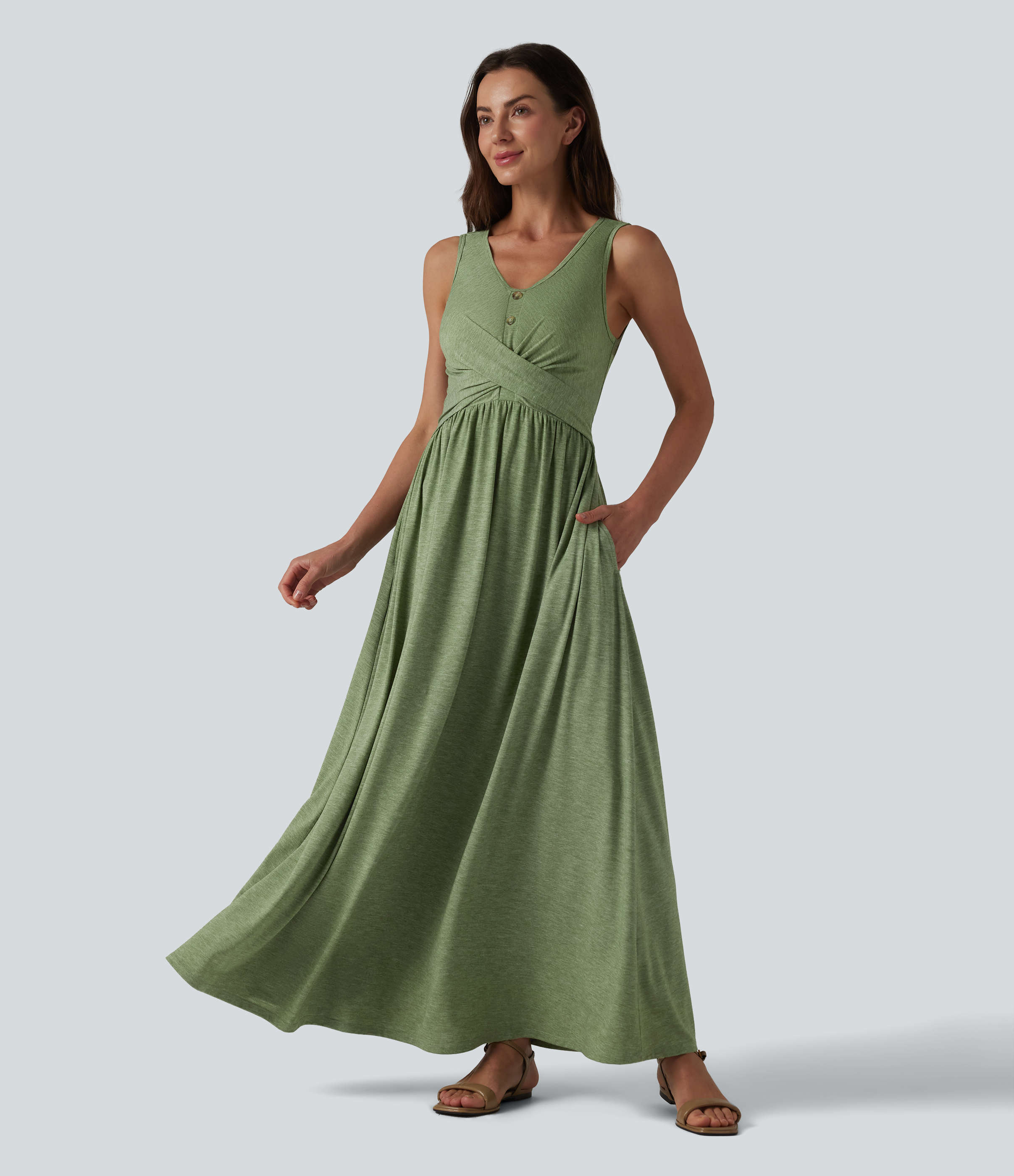 Robe longue fluide décontractée à col en U, sans manches et croisée, avec poches