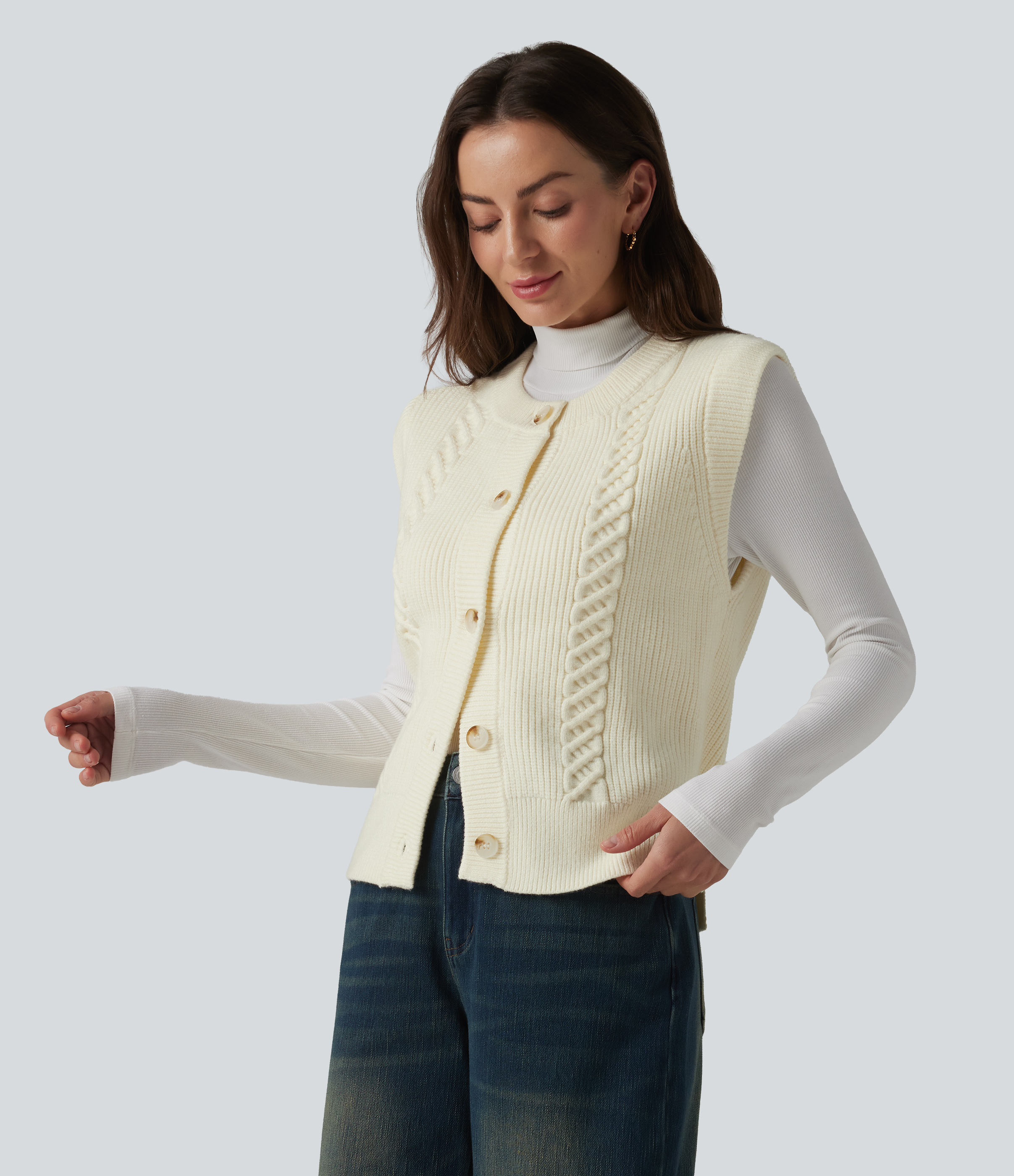 Round Neck Split Hem Button Fly Casual Sweater Vest