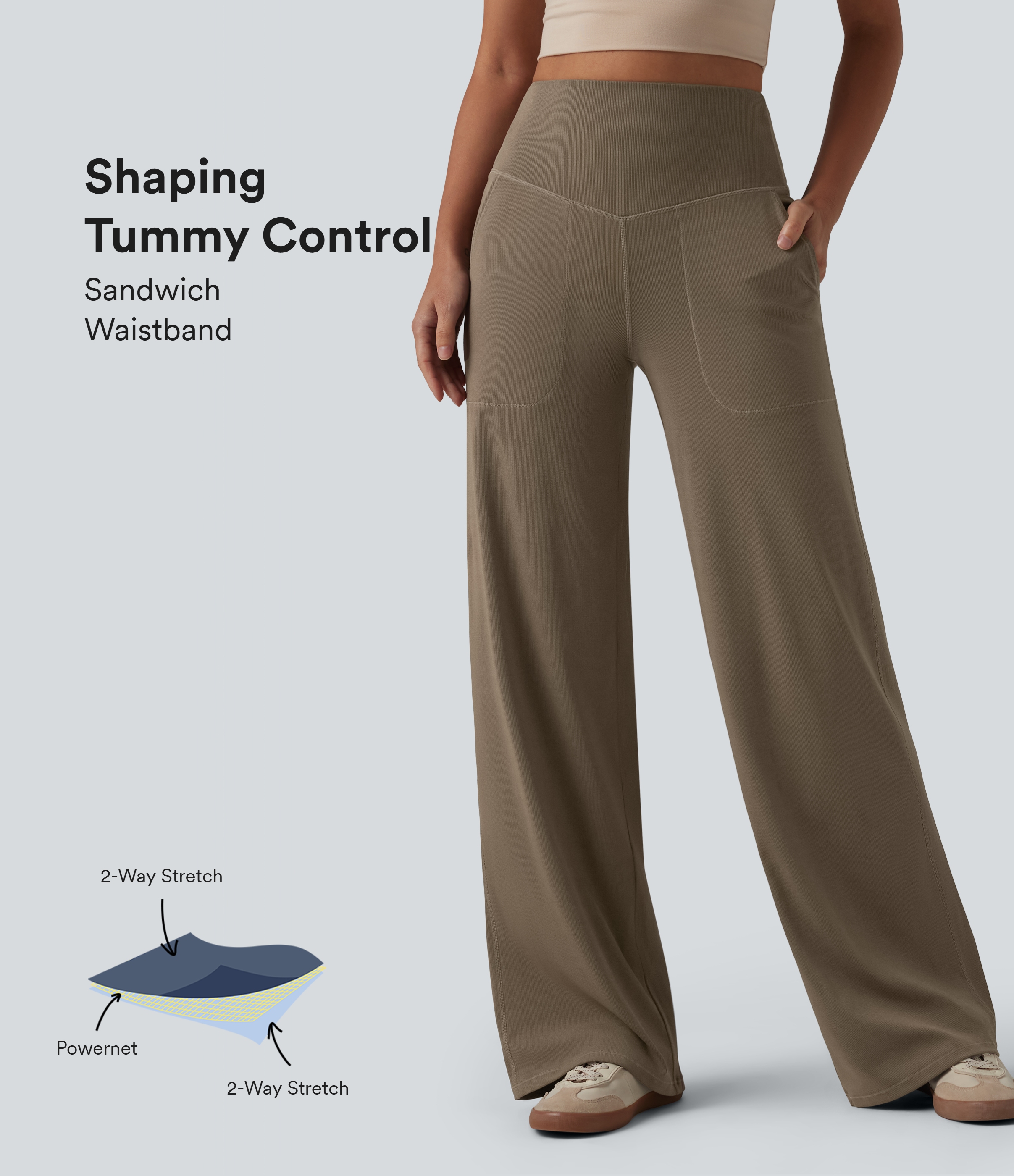 Pantalon large décontracté taille haute ventre plat en maille côtelée avec poches