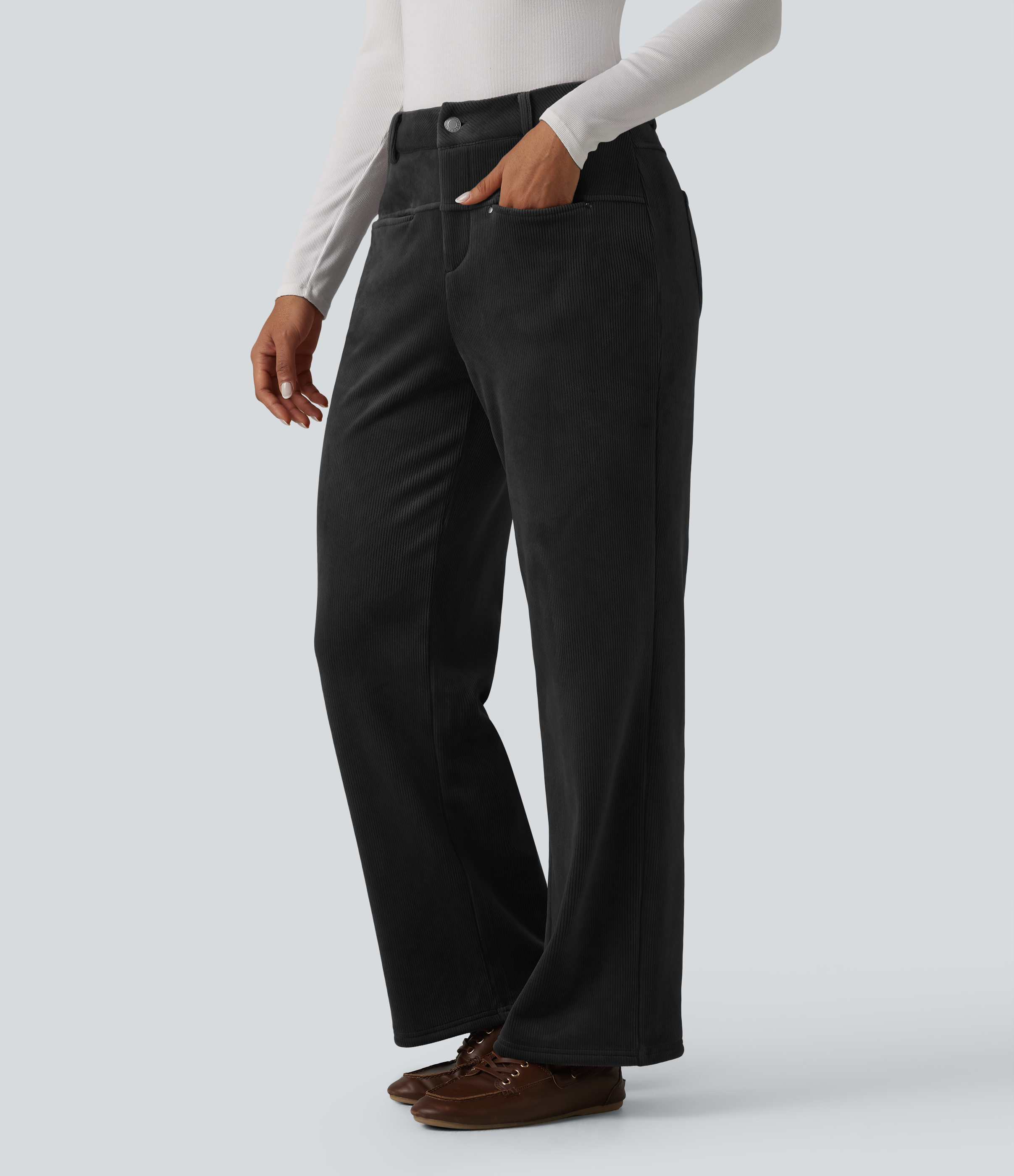 Mid Rise Fleece Corduroy Casual Straight Leg Pants with Pockets