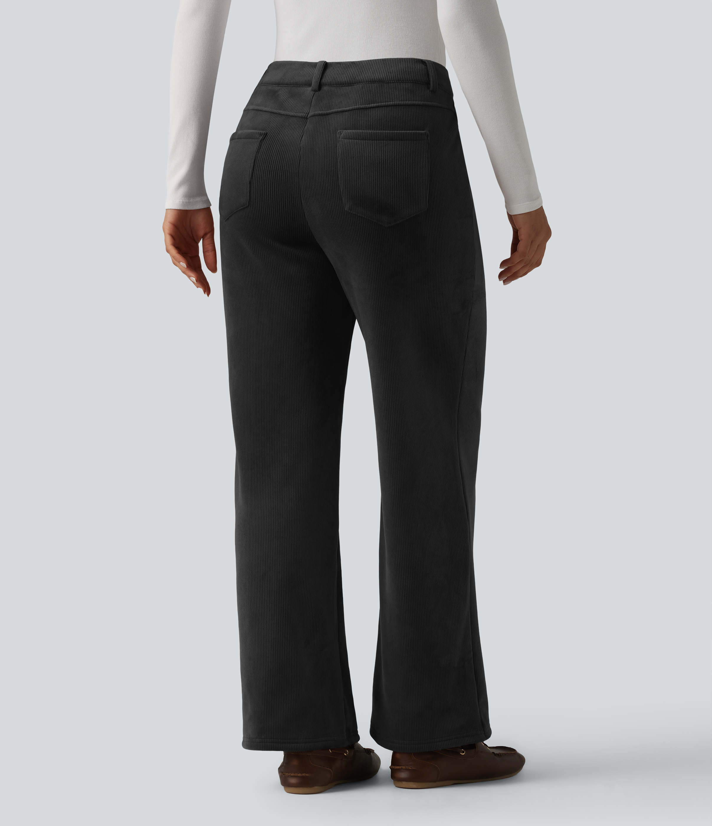 Negro Pantalones casuales de pana con forro polar, tiro medio y corte recto, con bolsillos. / 2