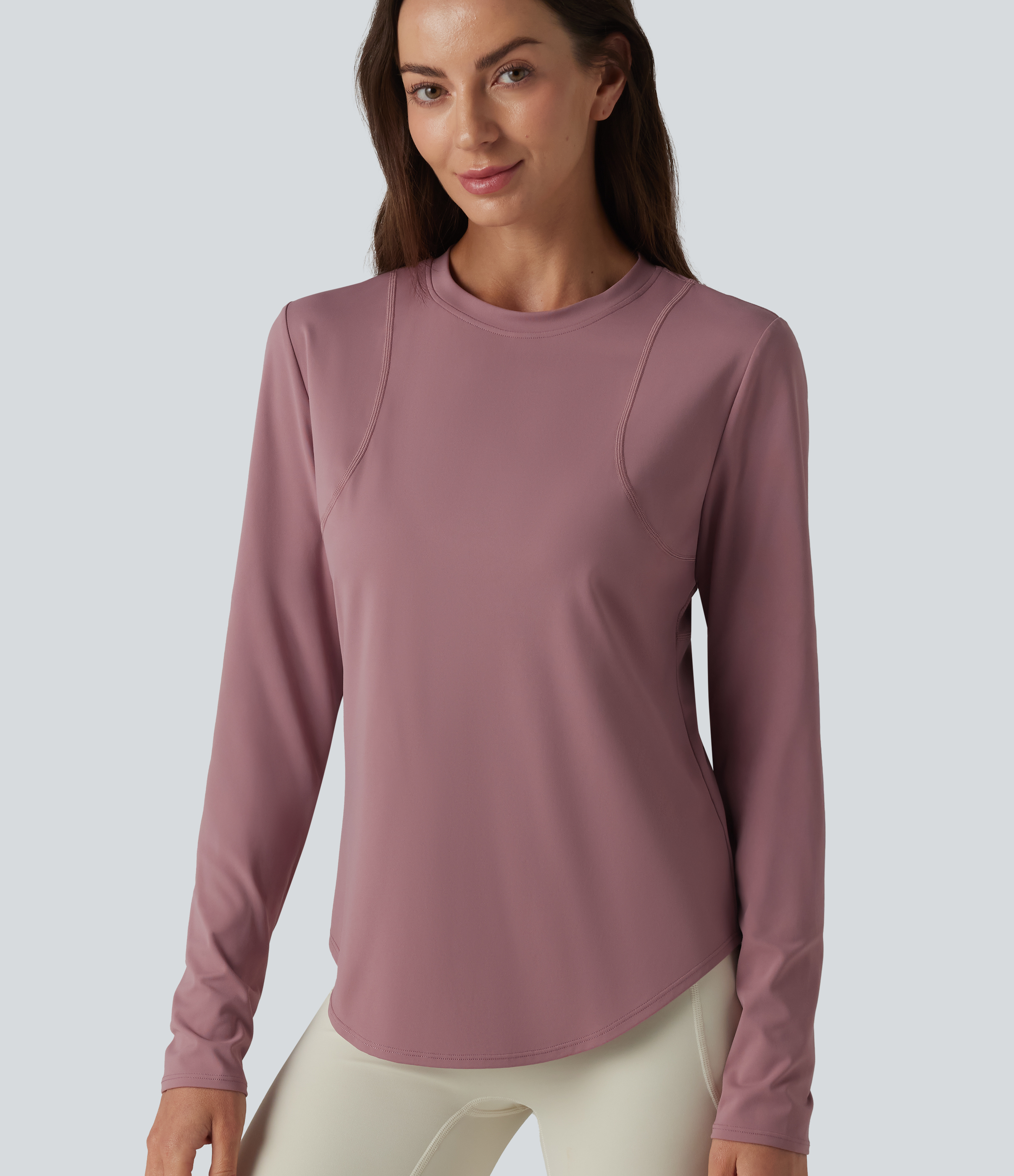 Round Neck Long Sleeve Curved Hem Eyelet Cool Touch Quick Dry Running Sports Top-UPF50+