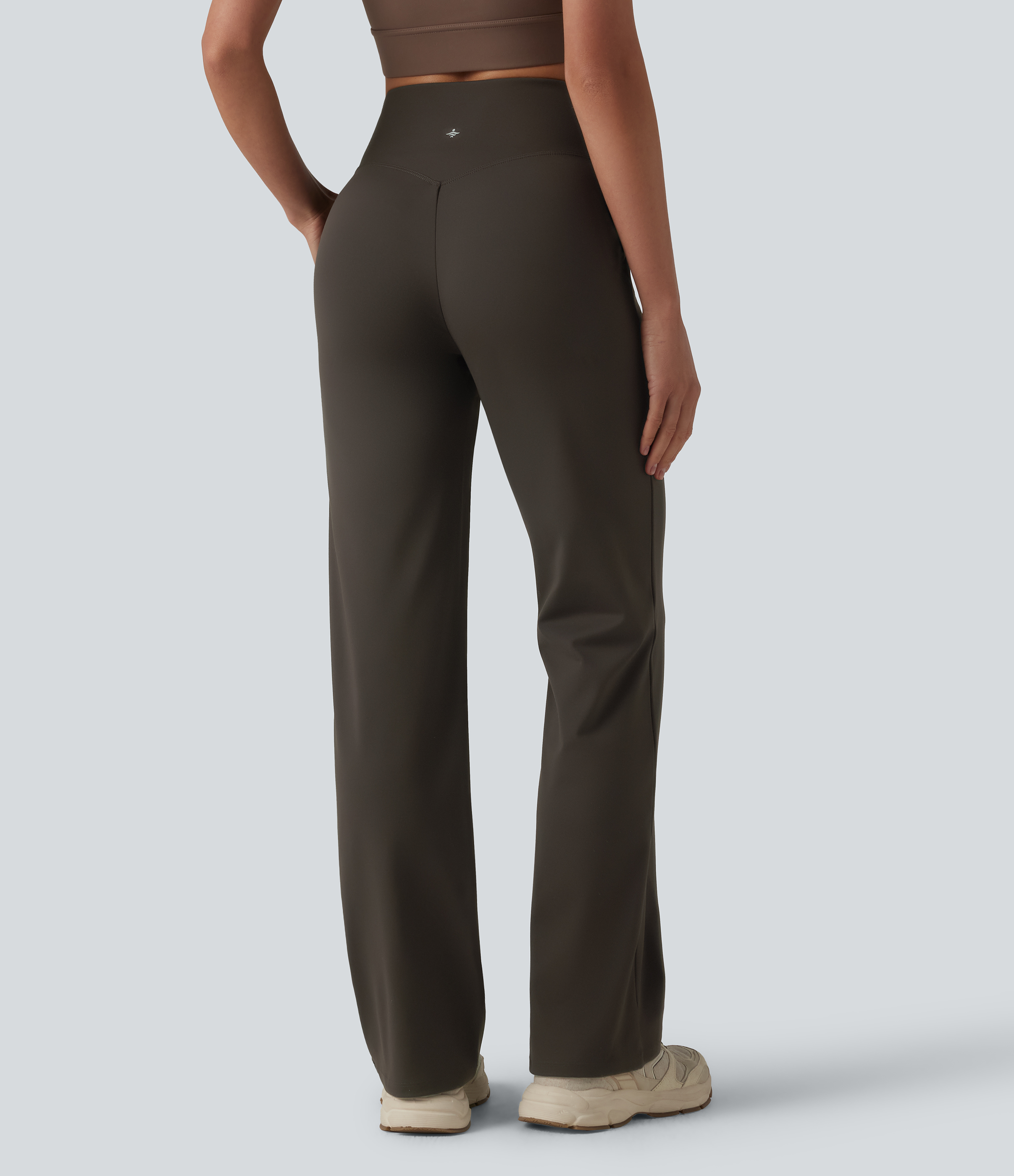 Crossover High Waisted Yoga Bootcut Trousers with Pockets