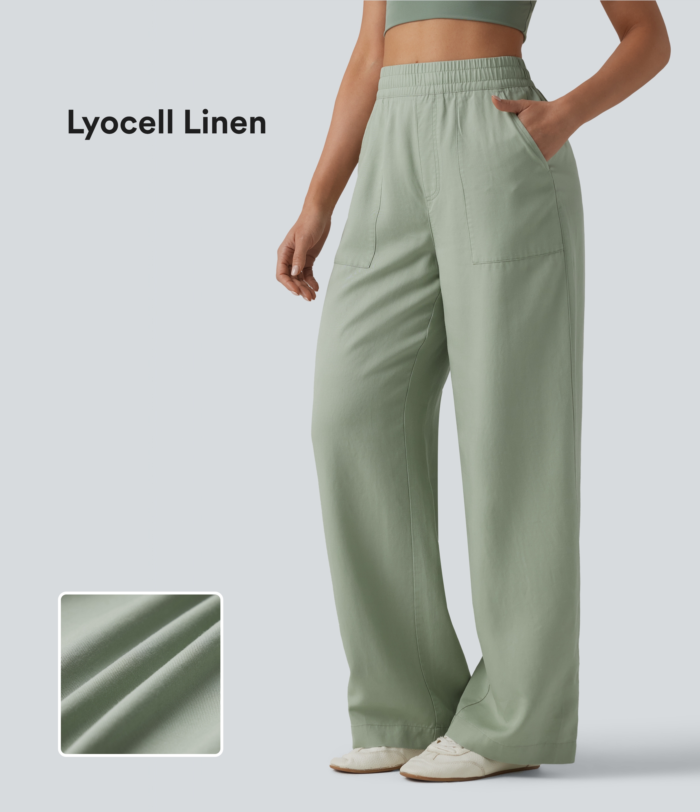 Pantalon large fluide décontracté taille haute en lyocell et lin mélangé avec cordon de serrage intérieur et poches