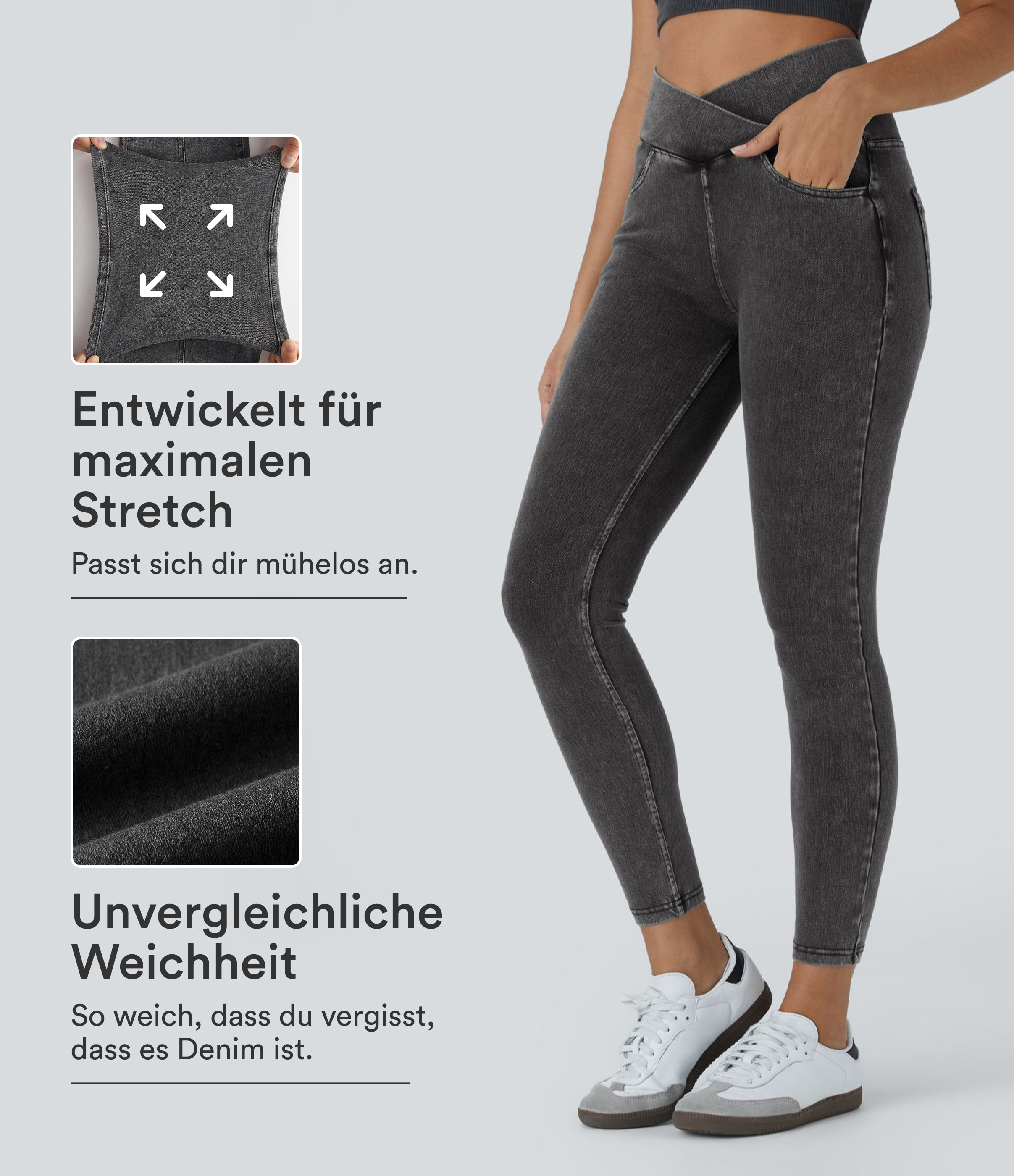 Halara Flex™ work leggings made of elastic knit denim with a high waist and multiple pockets