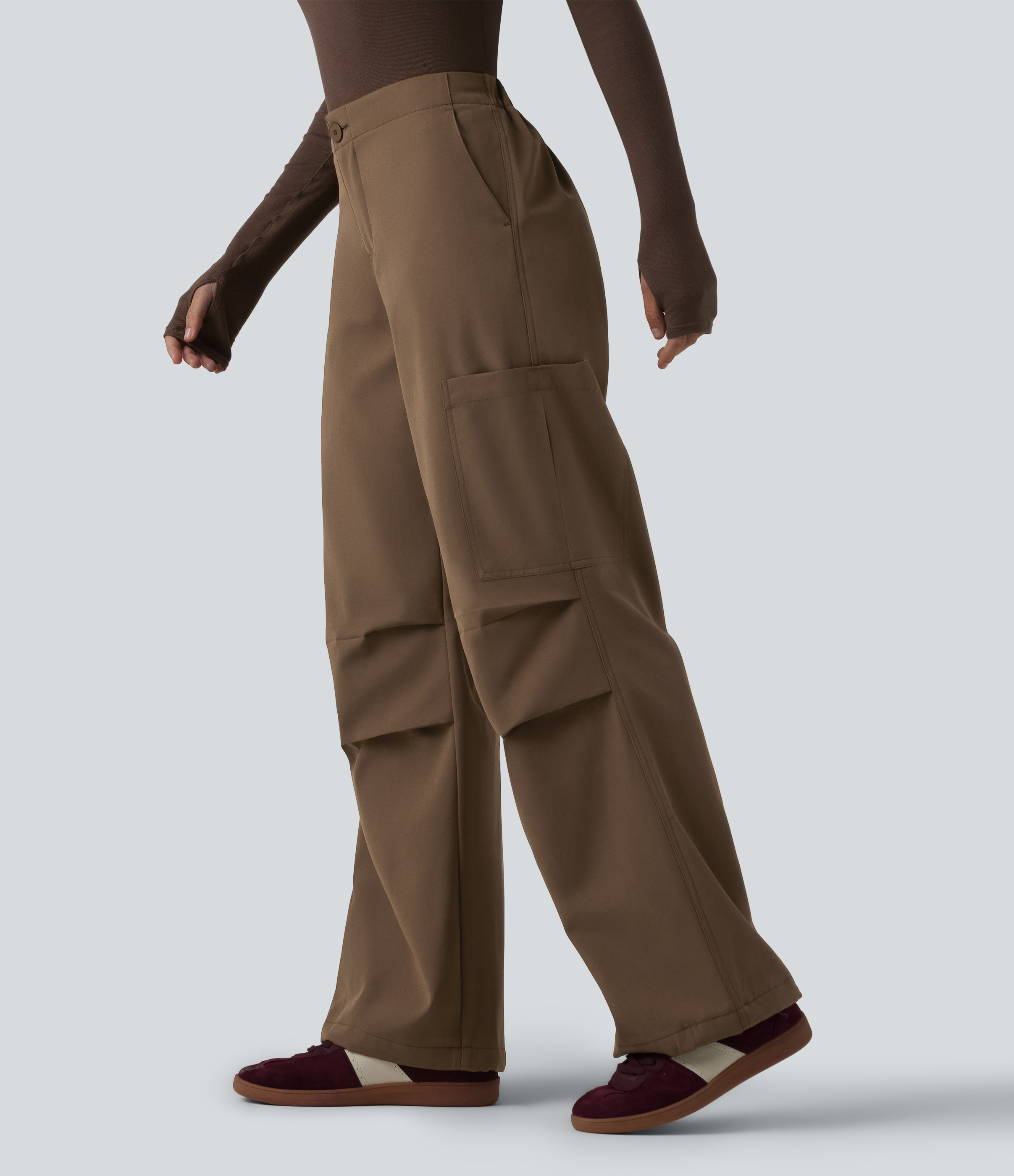 High Waisted Wide Leg Fleece Casual Parachute Pants with Pockets